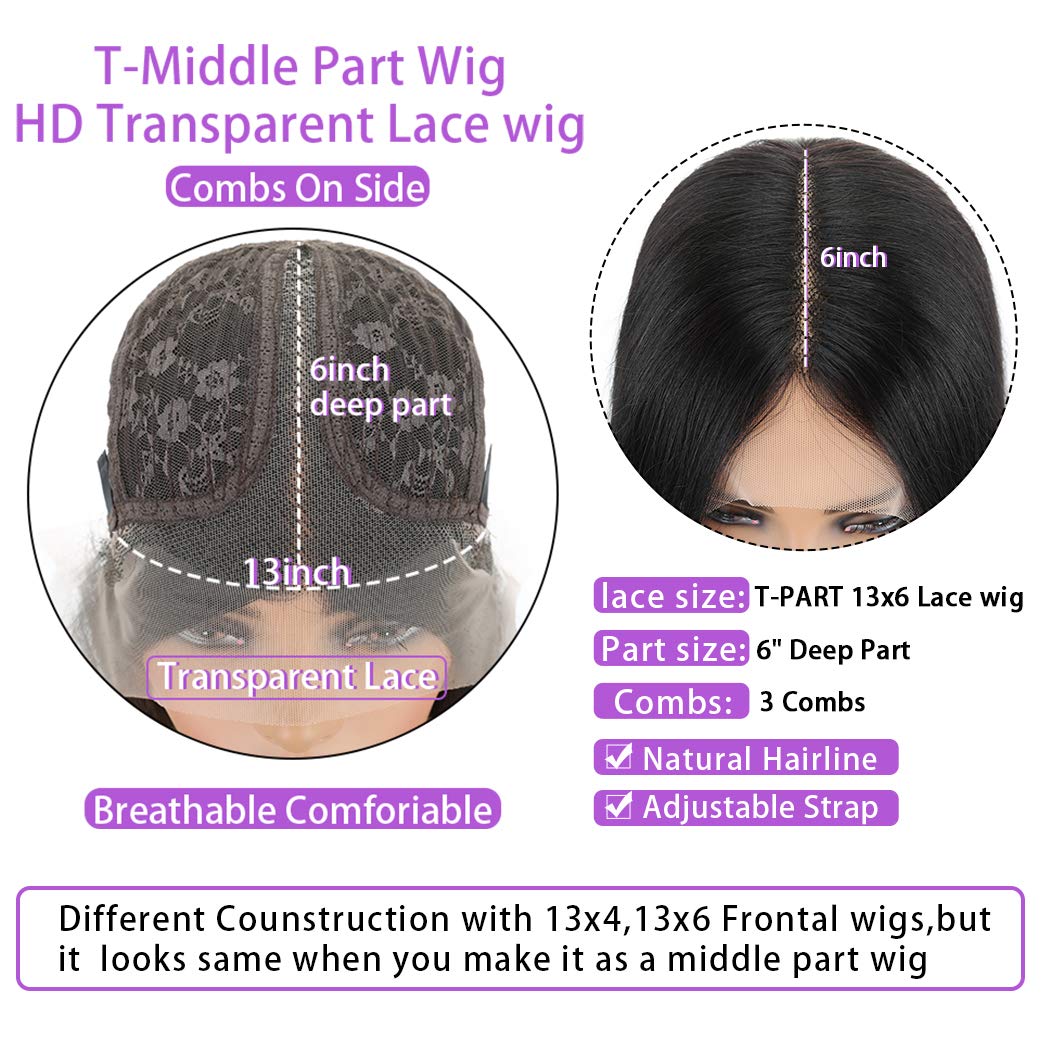 13x6 Transparent Straight Human Hair Wigs - T Part Lace Front Virgin Peruvian Hair Glueless Wig 150% Density 26 Inch Natural Black | Perfect for Daily Wear, Cosplay & Special Occasions