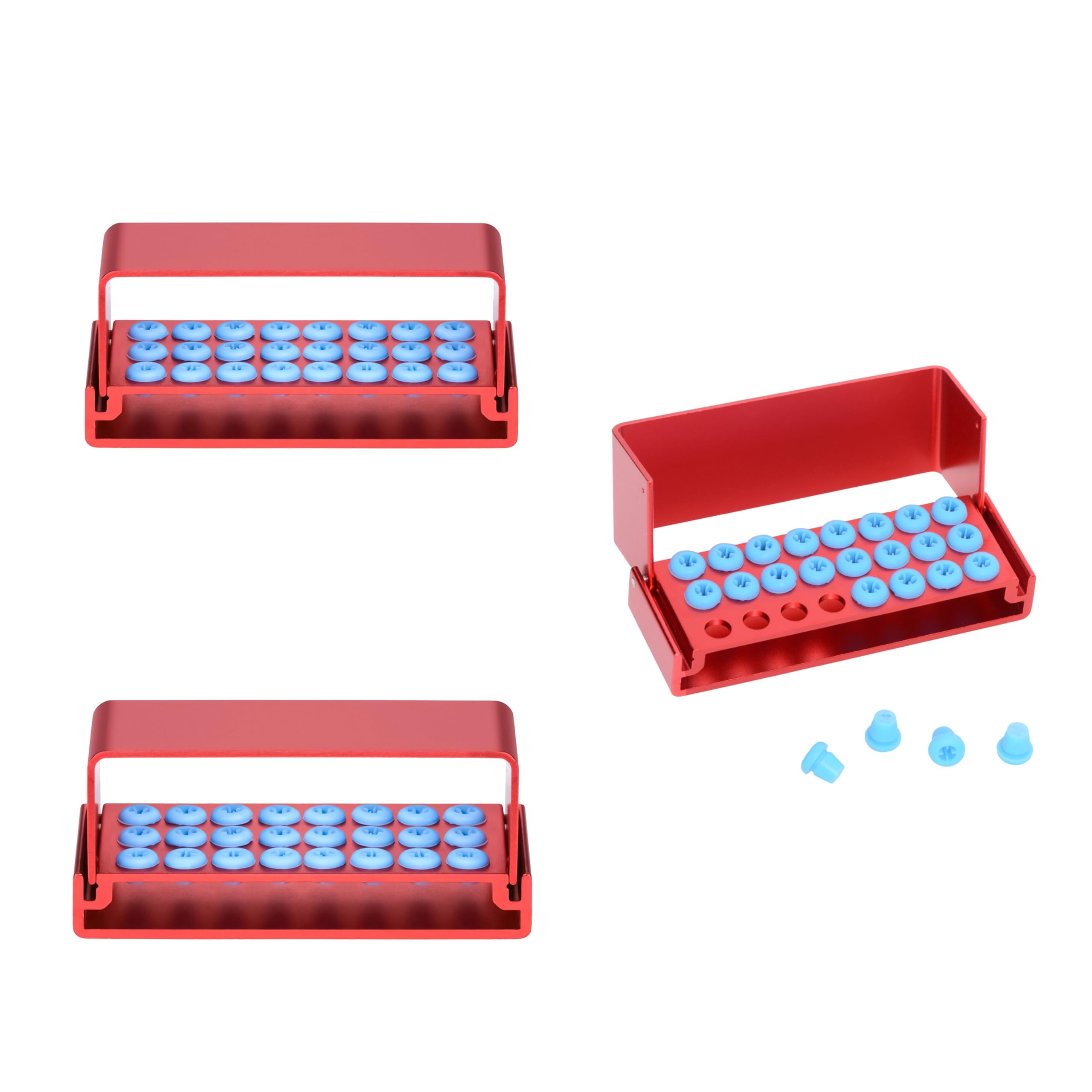 24 Holes Burs Holder Disinfection Box - Aluminum Autoclave Sterilization Case (3-Piece Set, Red) for Dental Tools & Medical Equipment Storage