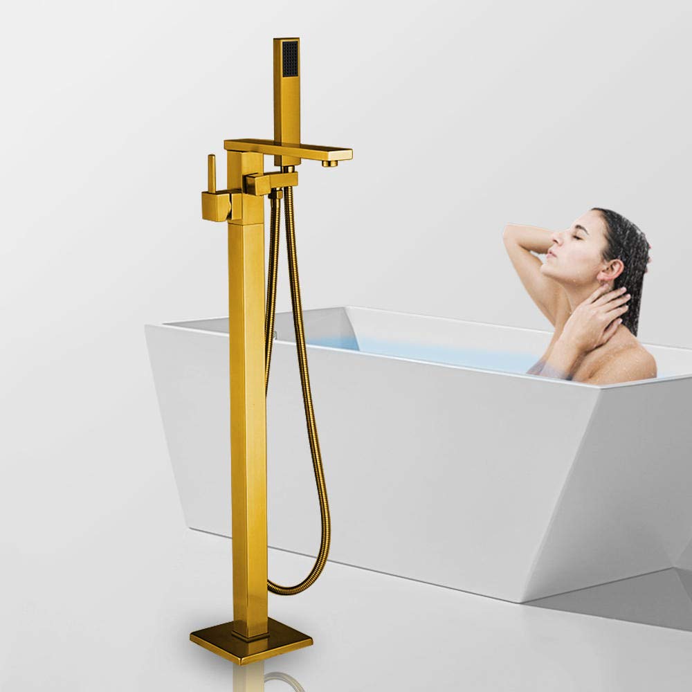 Gold Single Handle Bathtub Faucet Mixer with Hand Shower - Floor Stand Bathroom Tub Faucet for Modern Bathrooms, Spa-Like Shower Experience