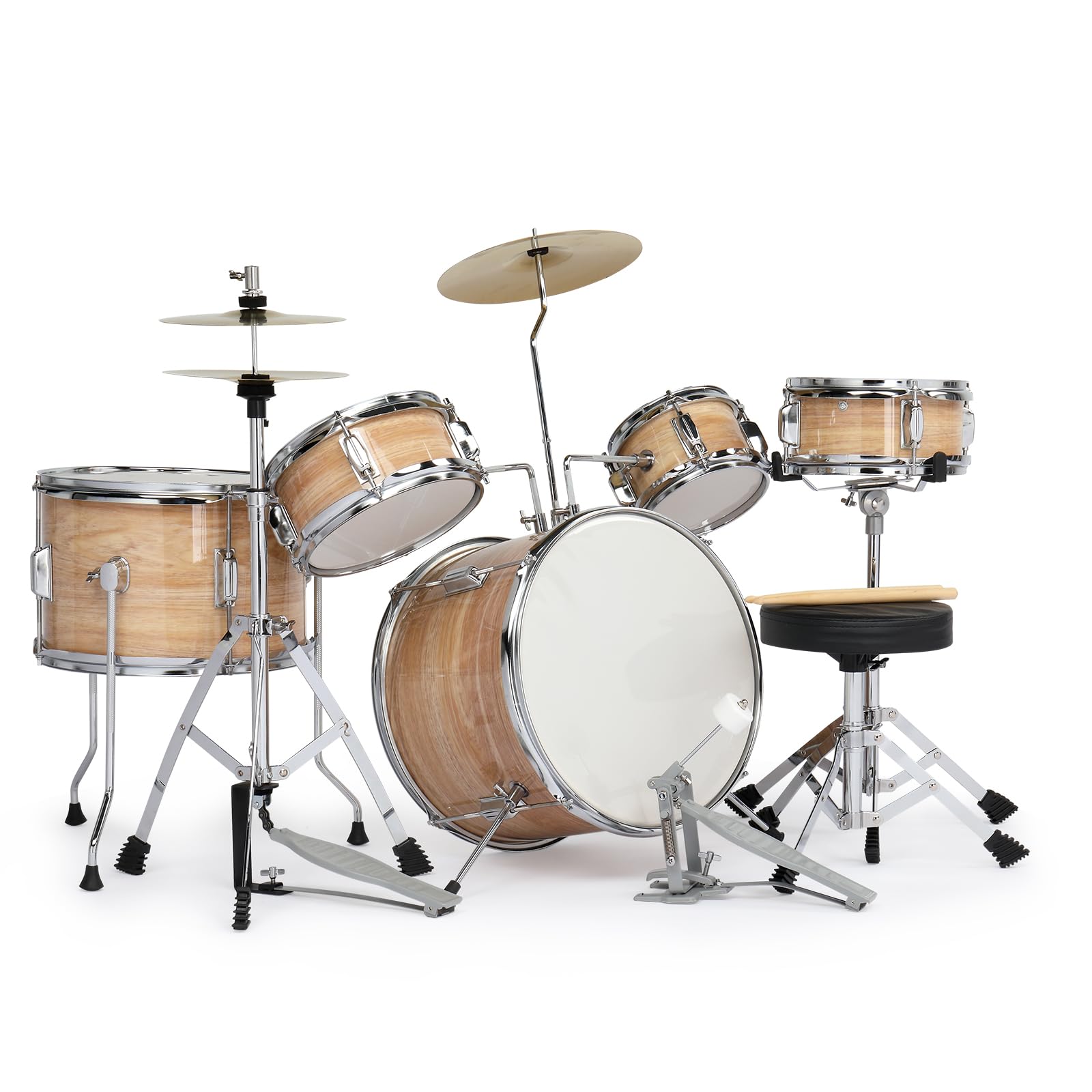 14 Inch 5-Piece Junior Drum Set Complete with Cymbals, Hi-Hat Stand, Sticks, Pedal & Stool - Perfect Wooden Drum Kit for Kids Beginners - Ideal for Home Practice, Music Lessons & Rock Band Performances