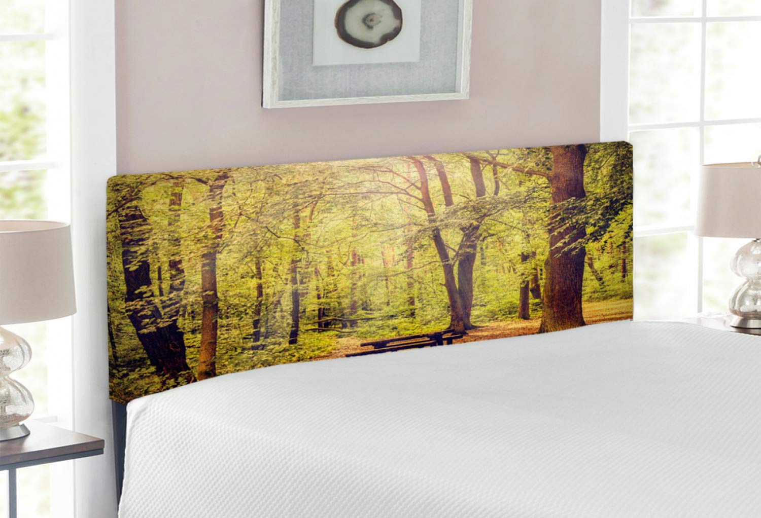Ambesonne Forest Headboard - Upholstered Decorative Metal Bed Frame with Memory Foam, Full Size, Green Brown Nature Theme | Perfect for Bedroom Decor, Guest Rooms & Cozy Cabin Retreats