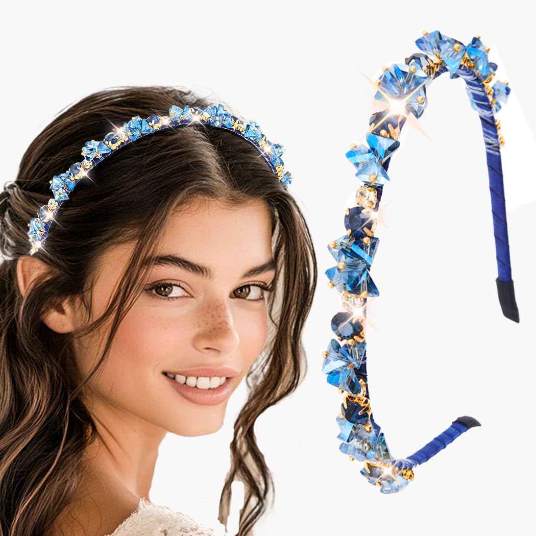 Sparkling Urieo Blue Crystal Headband for Women & Girls - Rhinestone Hair Band for Parties, Weddings & Special Events | Elegant Jeweled Hair Accessories for Prom, Bridal & Evening Occasions