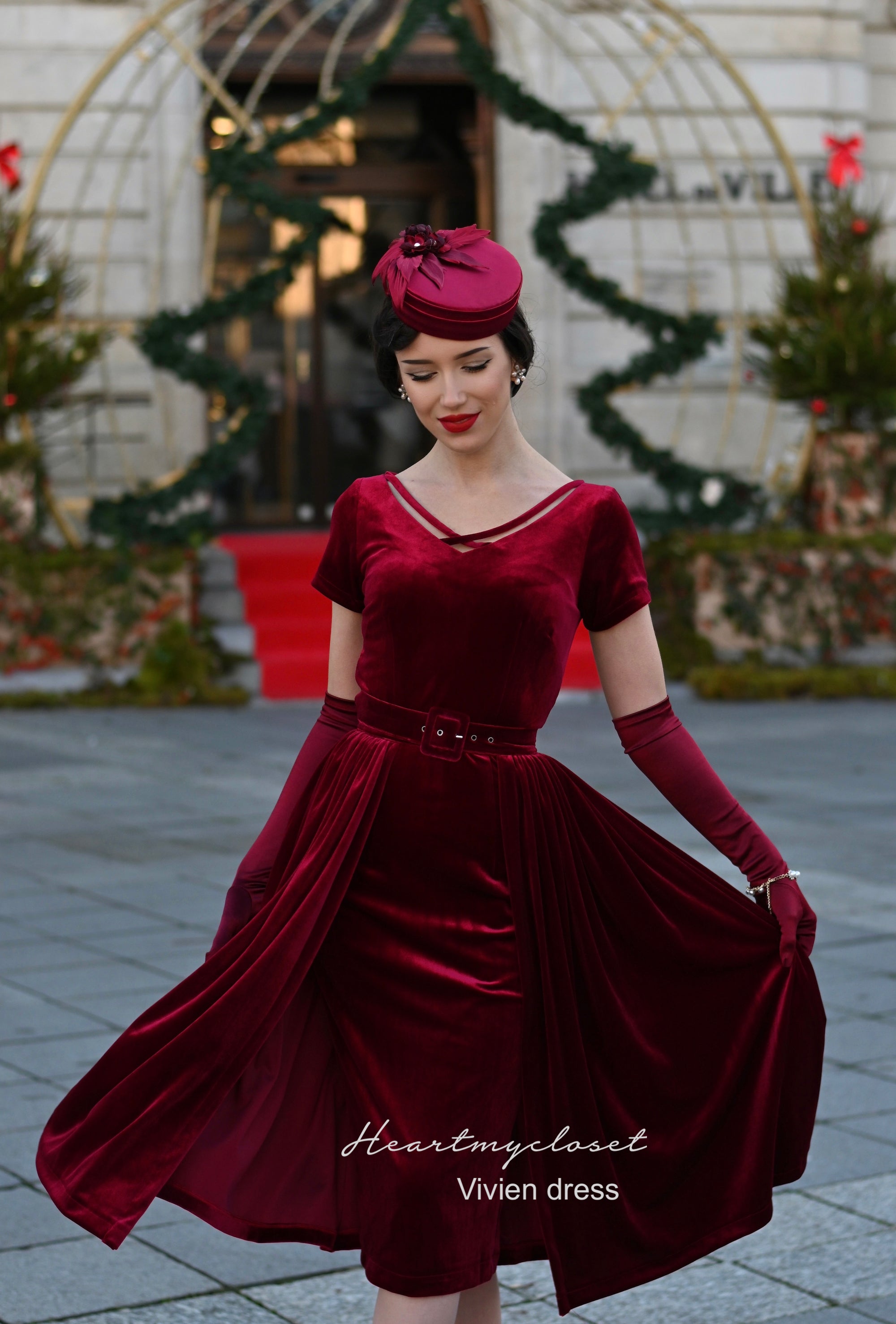 Vivien Red Velvet Pencil Dress with Removable Skirt Wrap - Elegant Formal & Party Wear for Women