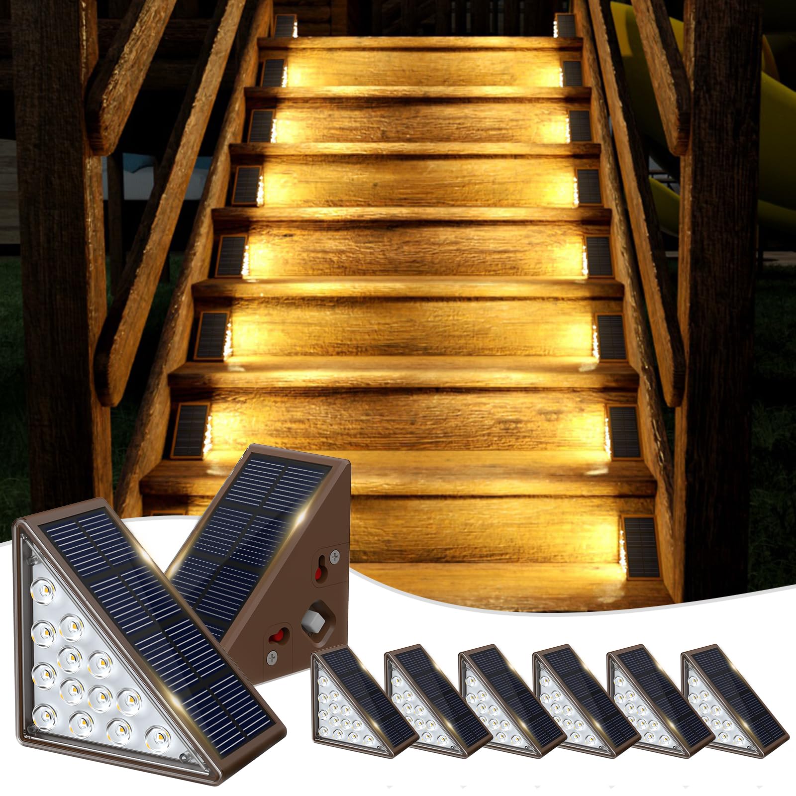8 Pack Solar Step Lights for Outdoor Stairs - Waterproof IP67 Solar Deck Lights for Patio, Front Steps, Walkways - Warm Brown Lighting for Night Safety & Ambience