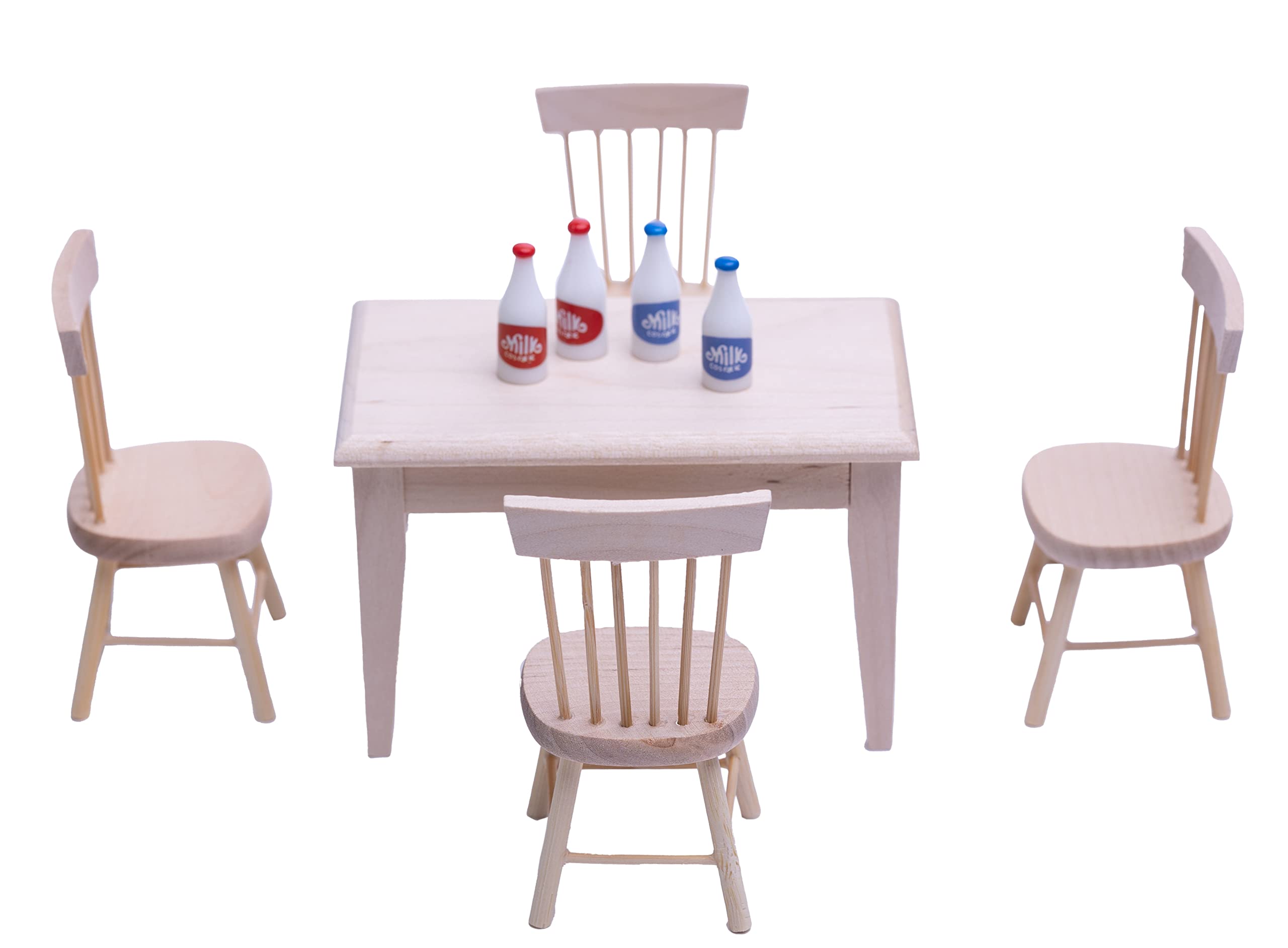 1:12 Scale Miniature Dollhouse Furniture Set - Wooden Dining Table & Chairs with Milk Bottle Accessories | Perfect for Dollhouse Decor, Collectors, and DIY Miniature Scenes