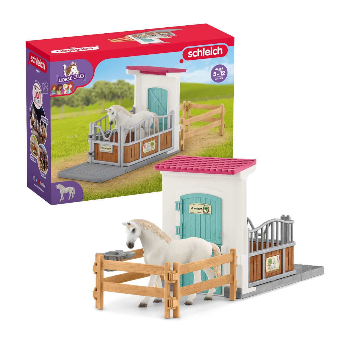 Schleich Horse Club - 21PC Stall Extension Playset with White Mare & Accessories - Realistic Stable Toy Set for Kids Ages 5+ - Interactive Horse Figure for Boys & Girls - Perfect for Imaginative Play, Farm Adventures & Collectible Displays (Model 42569)