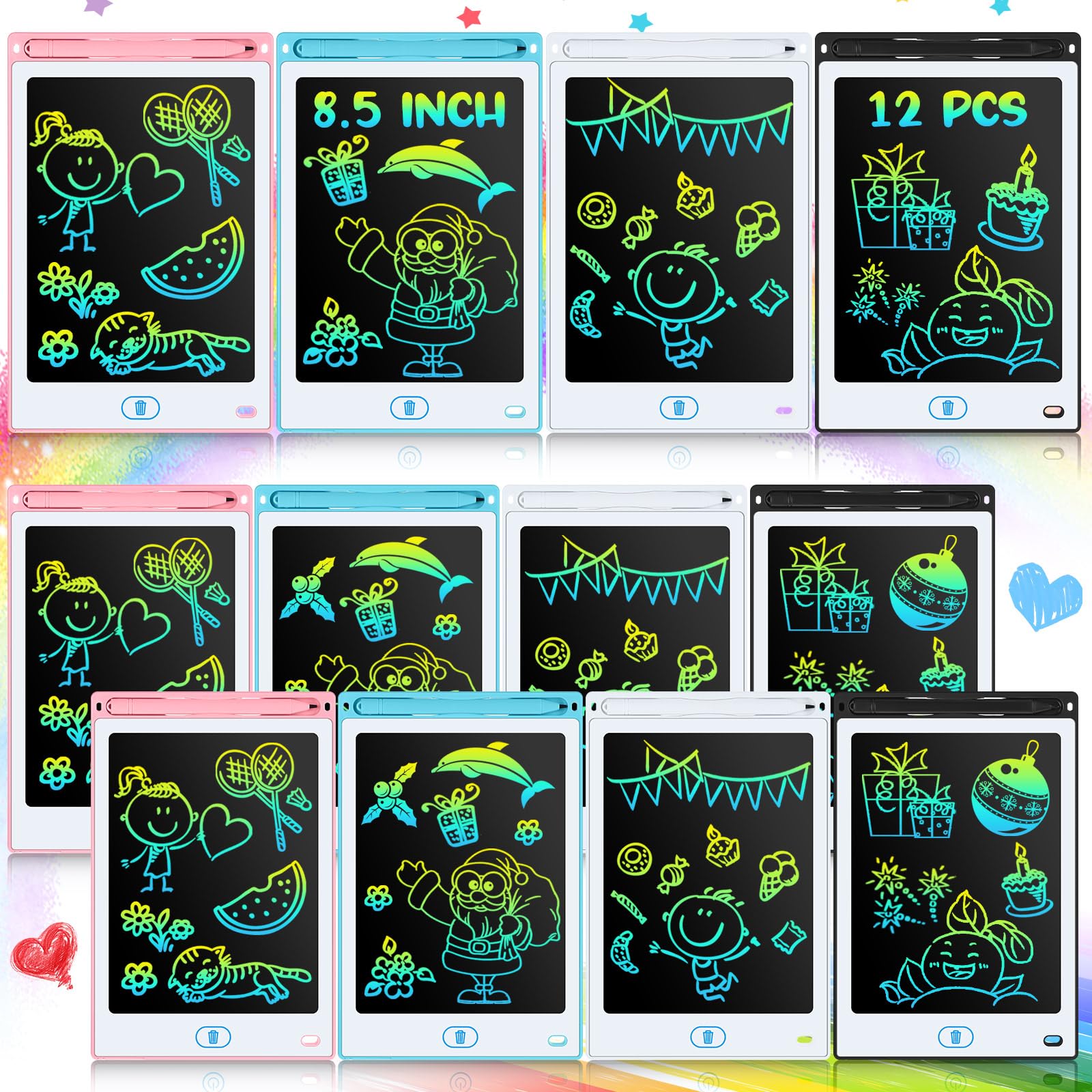 Tinlade 12 Pack LCD Writing Tablets 8.5 Inch - Colorful Erasable Electronic Drawing Pads for Kids, Doodle Boards for Learning & Creativity (Pink, Blue, White, Black) - Perfect for Classroom, Home Schooling & Travel Activities