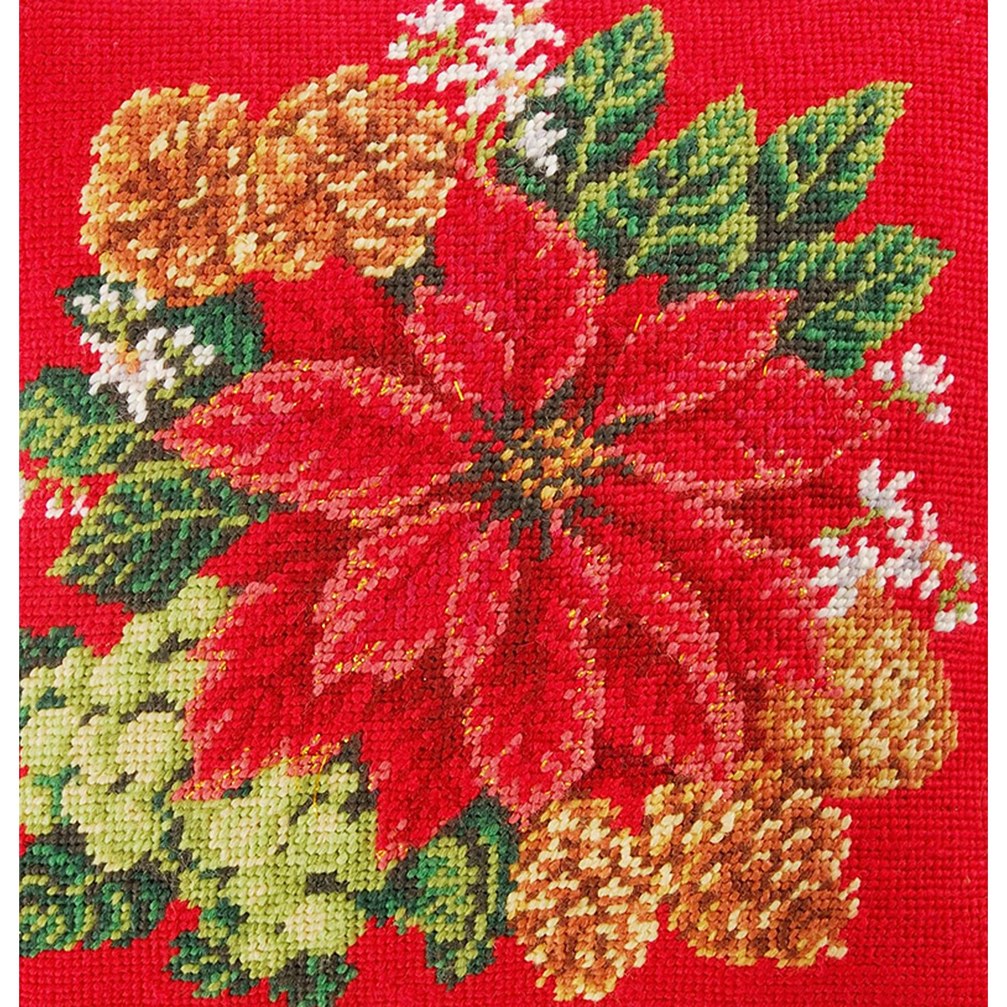 Red Poinsettia Christmas Needlepoint Pillow 14x14 Inch - Holiday Home Decor for Sofa, Bed & Festive Seasonal Decorations