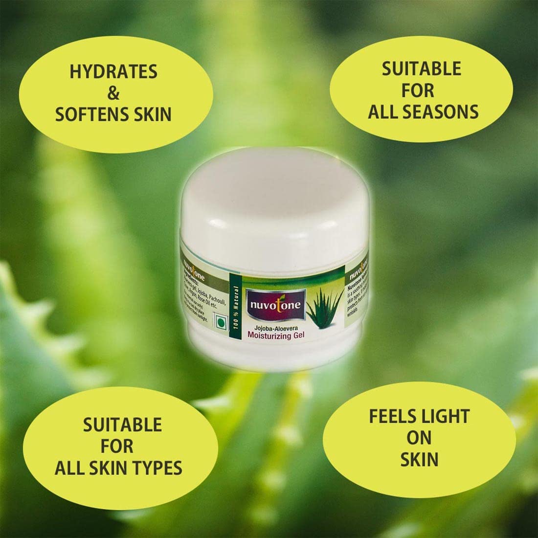 Nuvotone Aroma Jojoba Aloe Vera Moisturizing Gel - Pure, Non-Sticky & Lightweight Face Moisturizer for Hydration & Anti-Acne (50g, Pack of 2) | Perfect for Daily Skincare, Sunburn Relief & Post-Workout Refreshment