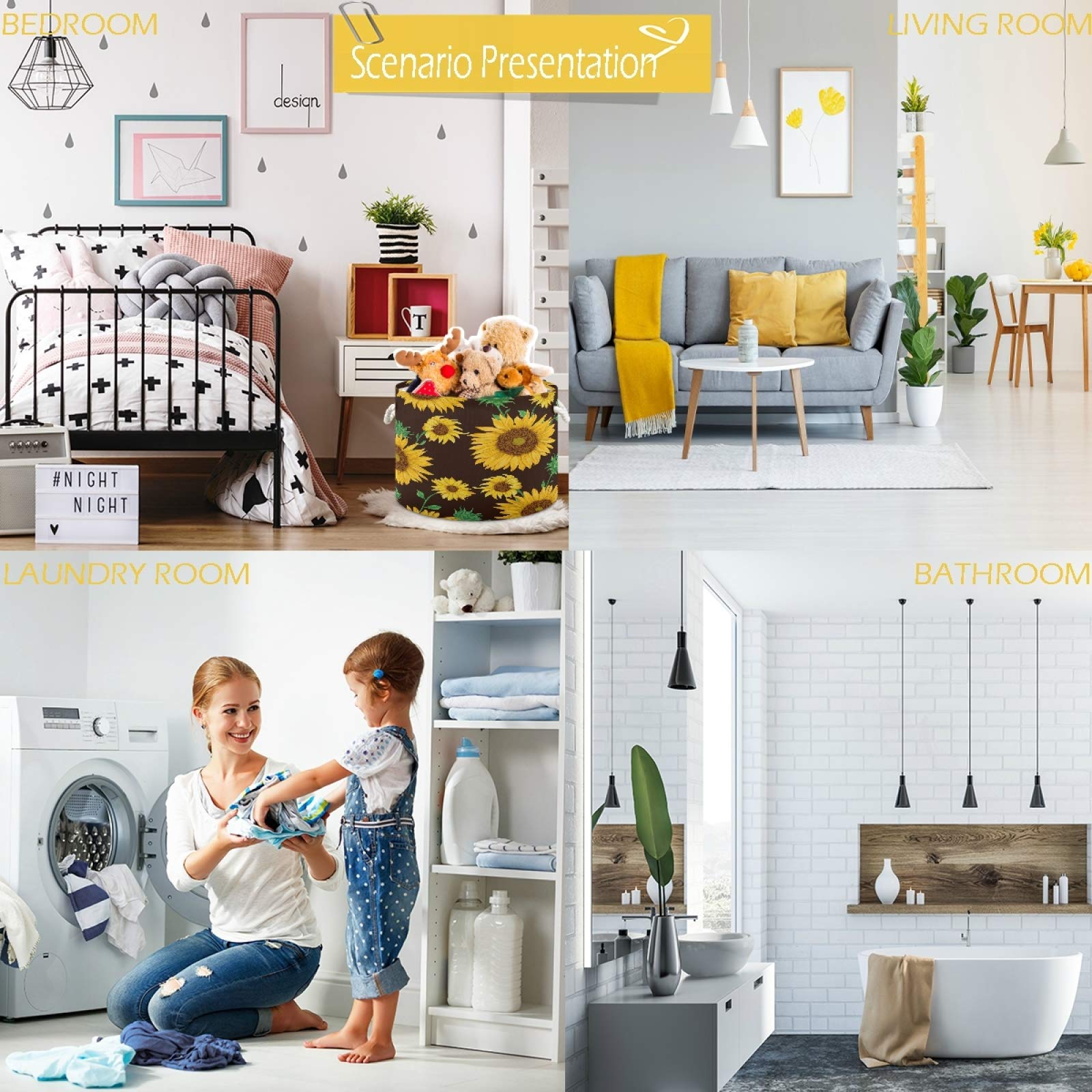 Visesunny Classic Sunflower Canvas Storage Basket - Waterproof Toy Organizer Bin, Nursery Hamper & Laundry Basket for Kids Room, Playroom, Shelves | Perfect for Toy Storage, Gift Wrapping & Home Organization