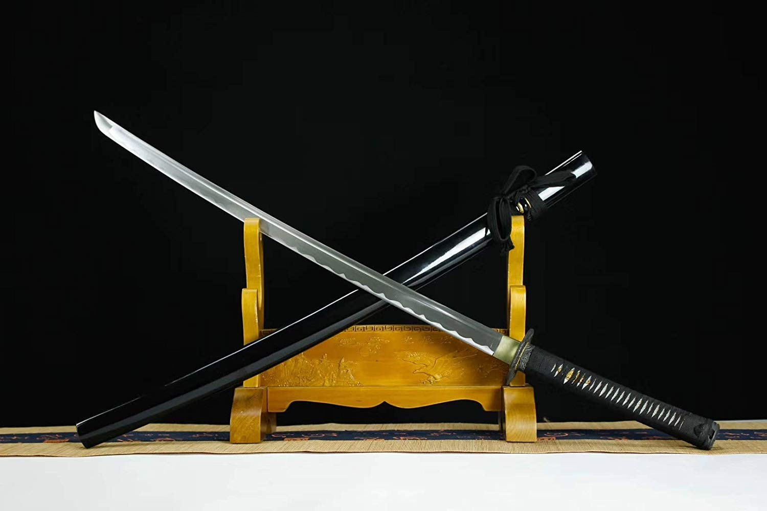 Authentic Hand Forged Japanese Katana Sword - Medium Carbon Steel Blade with Black Alloy Saya - Full Tang Samurai Sword for Kendo, Martial Arts Training & Collectors Display
