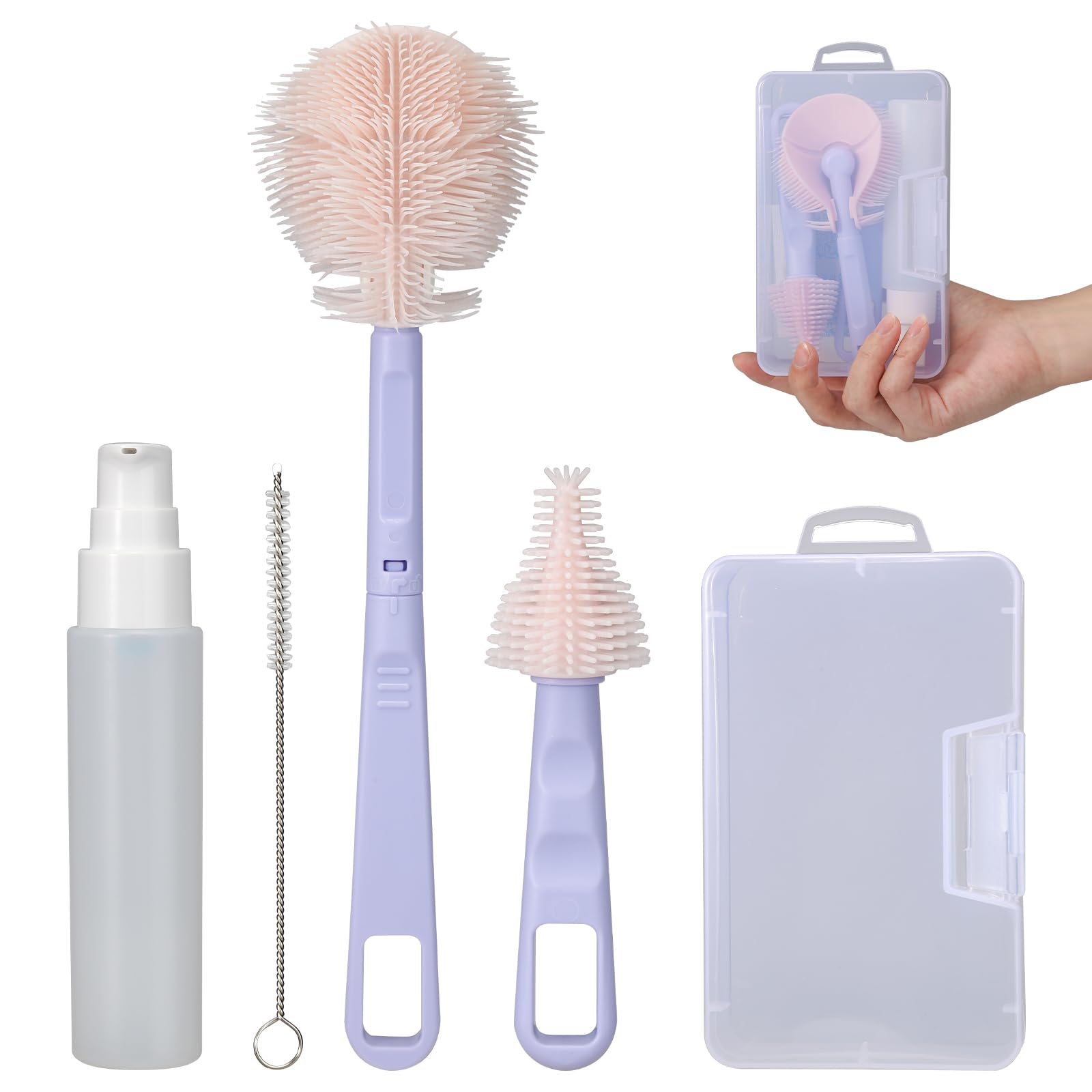VOOWO Portable Baby Bottle Cleaning Kit - Silicone Straw & Nipple Brush with Soap Dispenser | Travel-Friendly Bottle Cleaner for Infants | Perfect for Home, Daycare & On-the-Go (Purple)