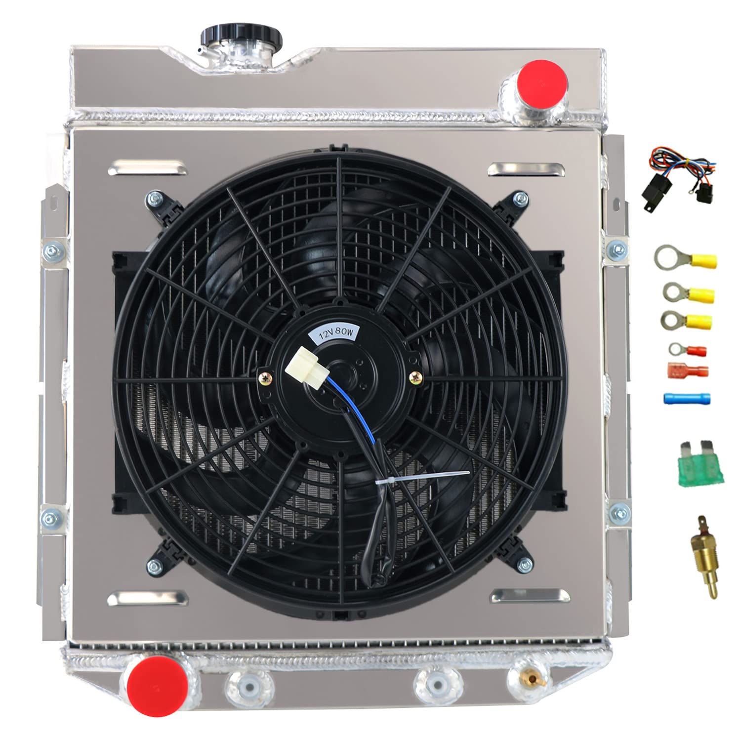 High Performance Aluminum Radiator for 1960-1966 Ford Mercury Comet Falcon Ranchero Mustang - 3 Row Cooling System with Shroud, Fan & Thermostat Relay Kit - Perfect for Classic Car Restoration & Hot Rod Upgrades