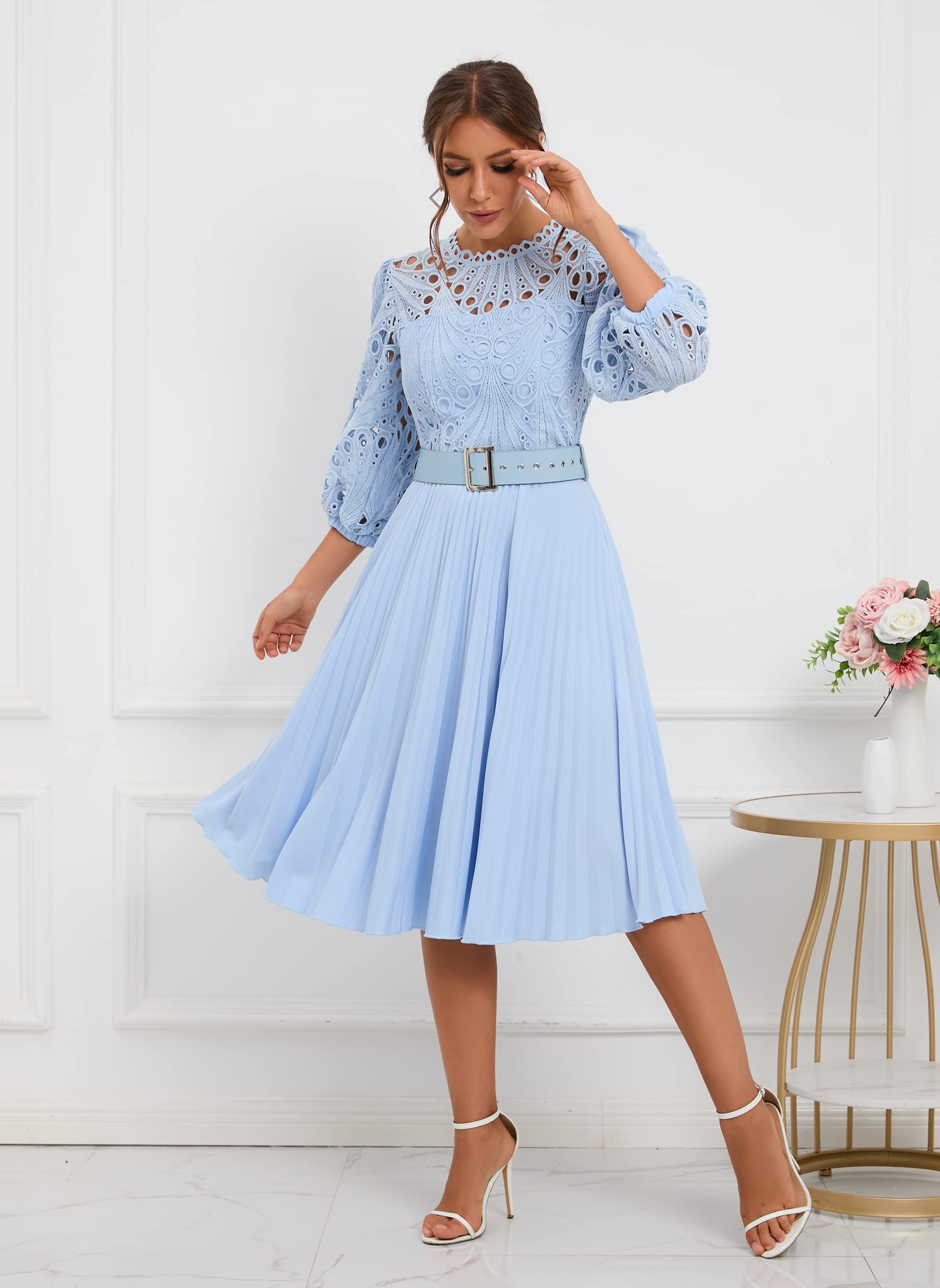 Elegant IWFEV Lace Pleated Midi Dress with Puff Sleeves - Hollow Out Design for Party, Evening Wear & Special Occasions | Perfect for Weddings, Cocktail Events & Date Nights