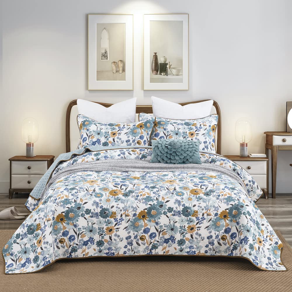 Queen Size Cotton Quilt Set - Reversible Floral Blue Bedspread & Coverlet | Perfect for Master Bedroom, Guest Room & Cozy Home Decor