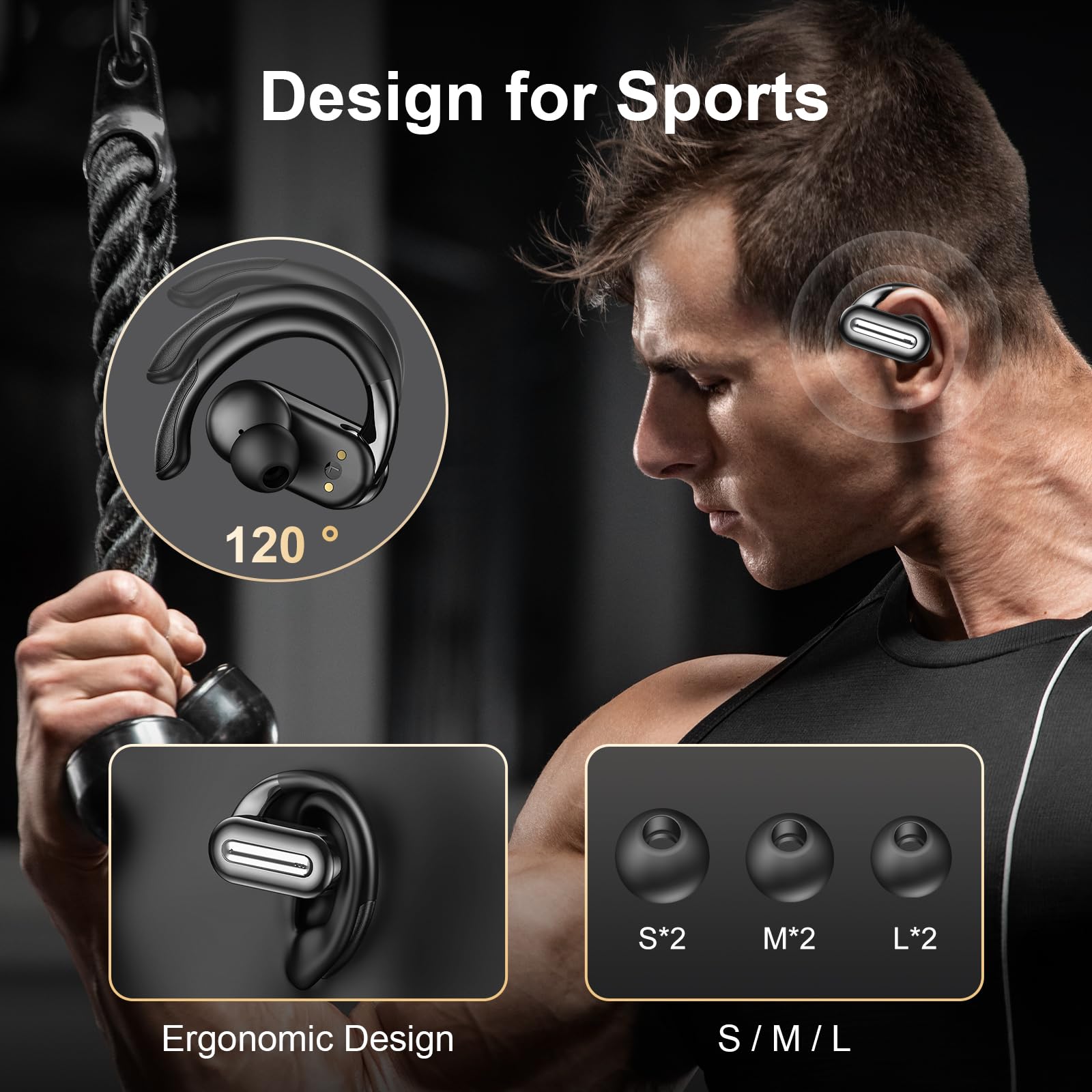 Wireless Bluetooth 5.4 Earbuds with Ear Hooks - ENC Noise Cancelling Mic, Sweatproof Sports Headphones for Running, Workout & Gym - Compatible with iPhone, Android, Laptop (Black) | Perfect for Commuting, Travel & Outdoor Activities
