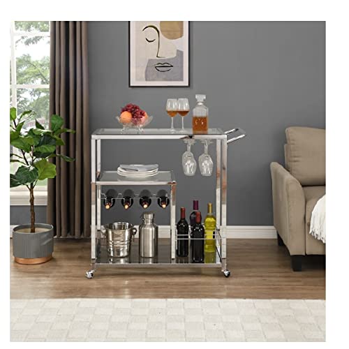 3-Tier Chrome Bar Serving Cart with Glass Shelves - Modern Kitchen Drinks Trolley for Wine Storage & Beverage Service - Perfect for Home Bars, Parties & Restaurant Use