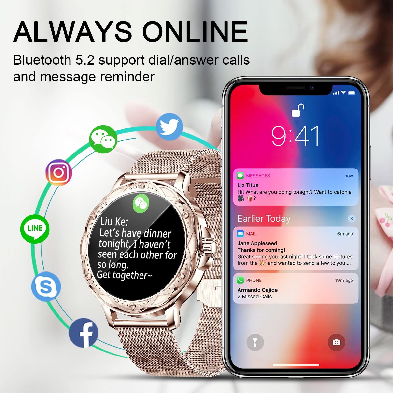 Wonlex Smart Watch for Women - Bluetooth 5.2 Fitness Tracker with Heart Rate Monitor, Sleep Tracking, Customizable Watch Faces, IP67 Waterproof, Compatible with Android & iPhone - Perfect for Workouts, Running, Swimming and Daily Health Monitoring