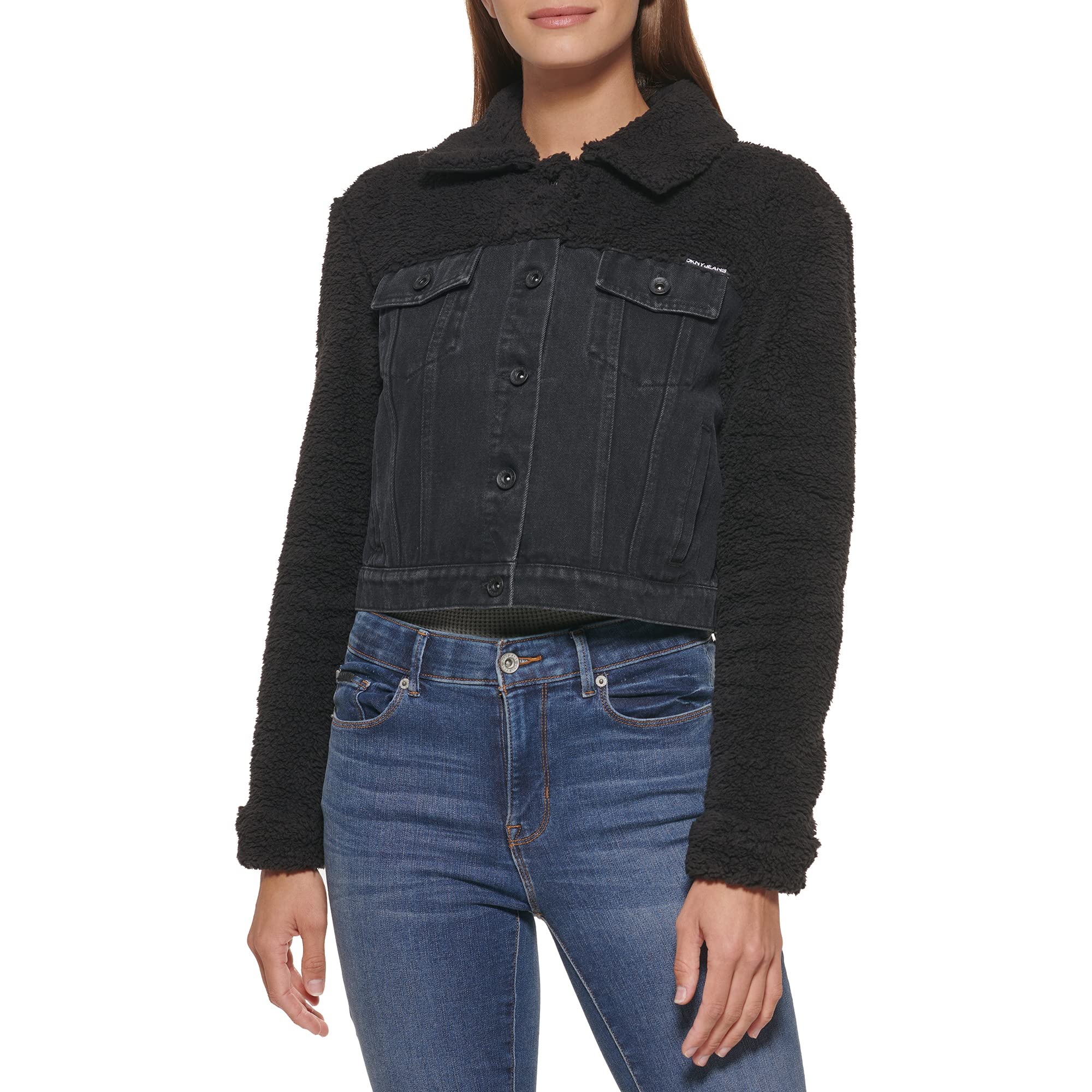 DKNY Women's Black Denim Jacket with Faux Fur Collar - Stylish X-Large Winter Coat for Casual Outings & Streetwear Fashion