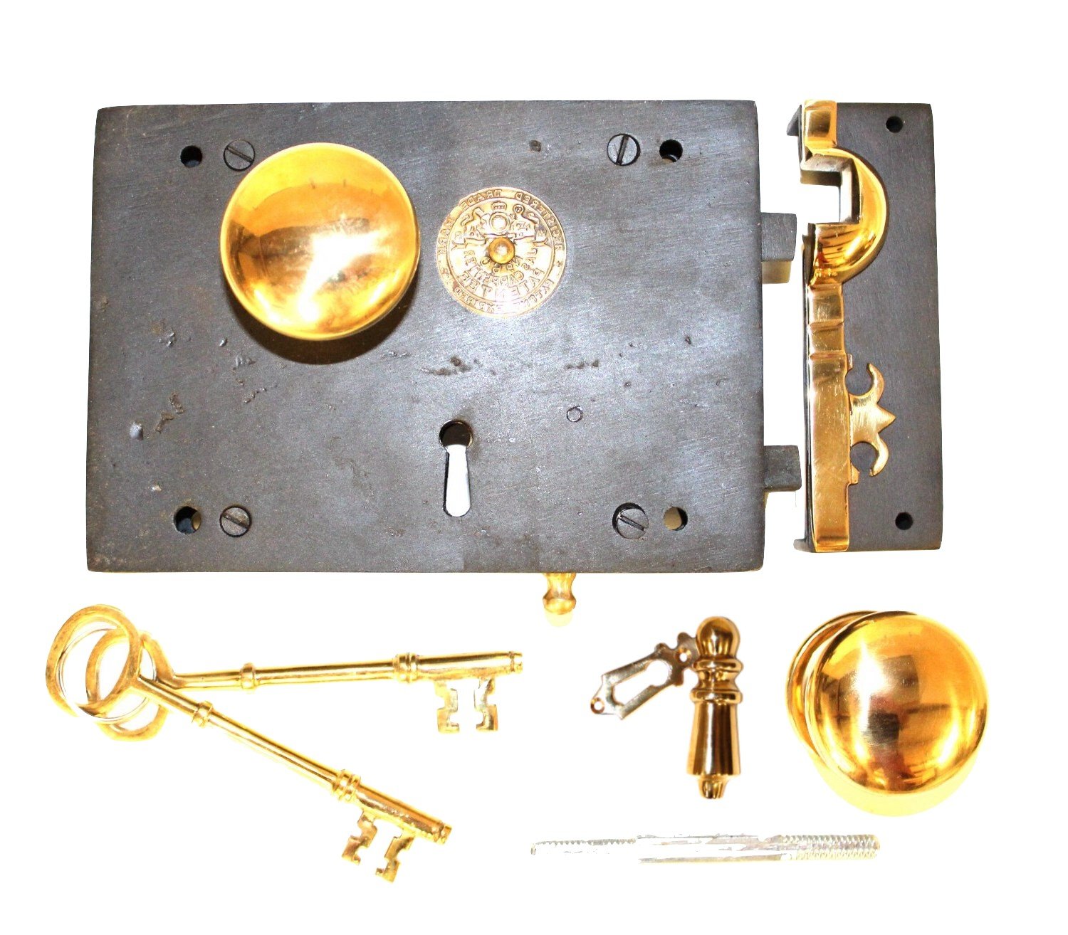 Vintage Wrought Iron Right Hand Carpenter Rim Lock with Brass Knobs - Antique Home Restoration Hardware for Doors, Cabinets & Furniture Restoration Projects