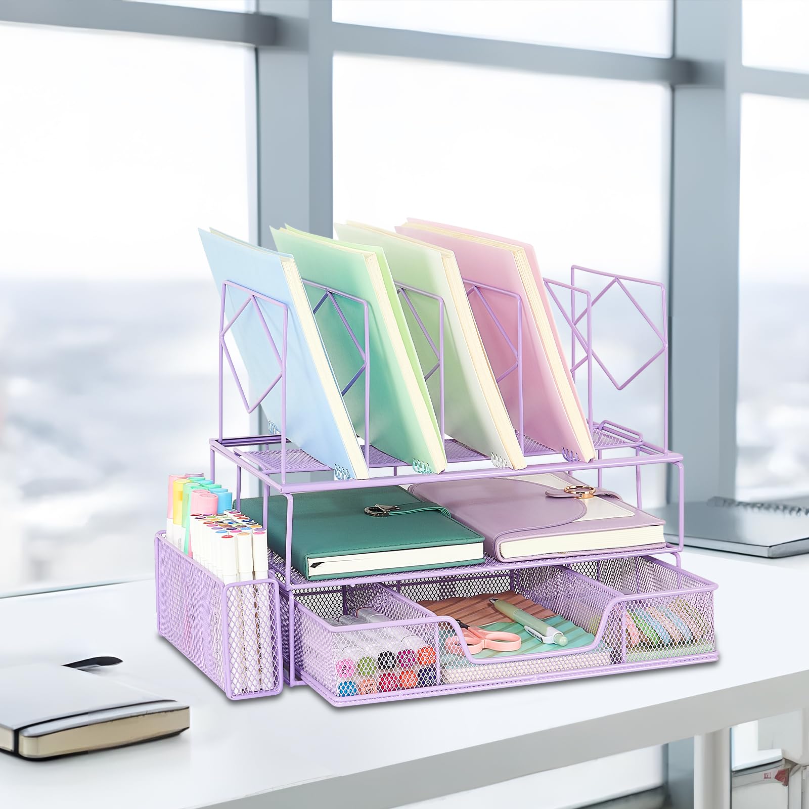 Youbetia Purple Desk Organizer with Pencil Holder, Drawer & Double Tray - 5 Upright Sections for Office Supplies Organization - Perfect for Home Office, School & Workspace Accessories