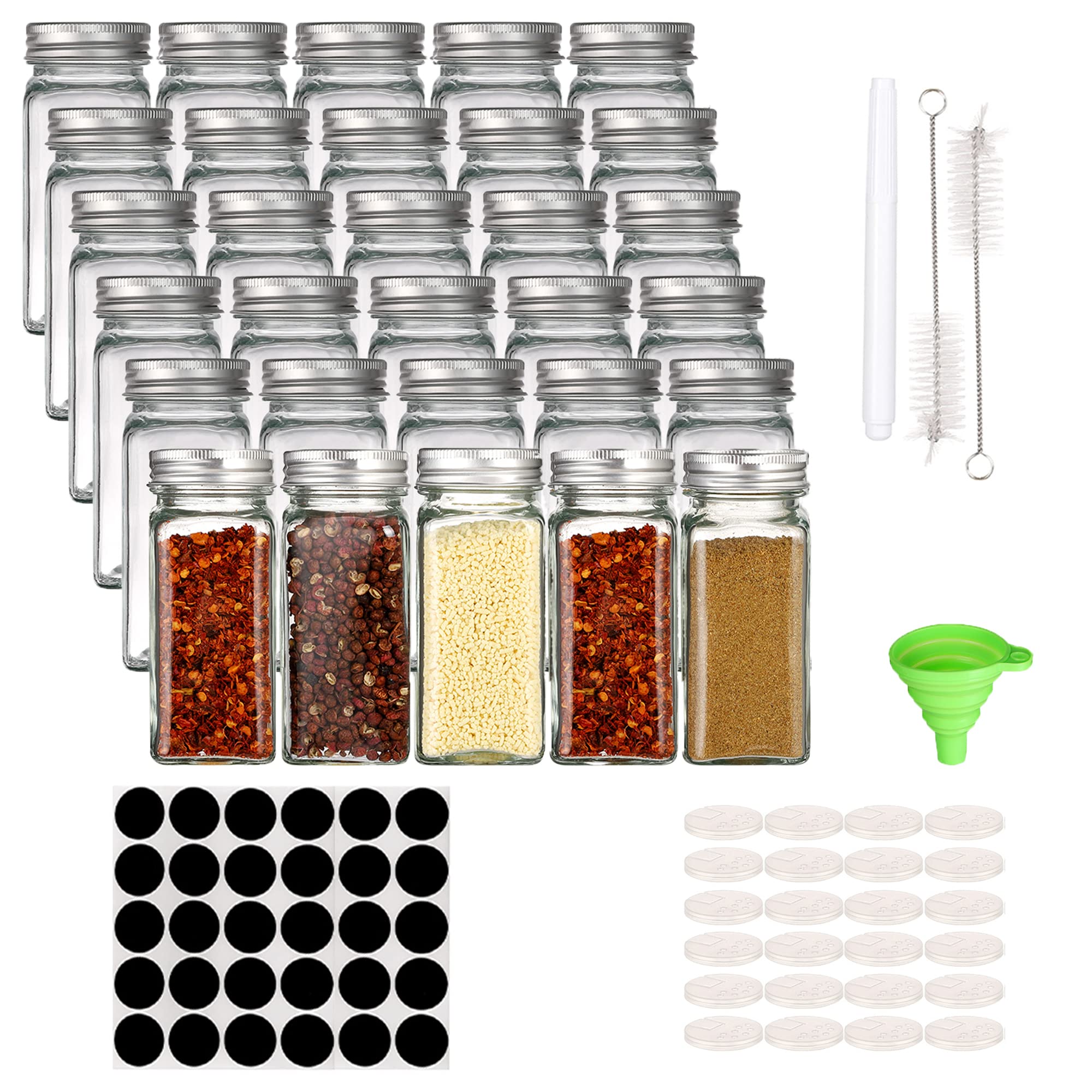 Homerove 6oz Spice Jars - 30pcs Empty Square Spice Containers with Shaker Lids & Airtight Metal Caps - Includes 30 Blank Labels, Silicone Funnel & Brush - Perfect for Kitchen Pantry Organization, Spice Storage & DIY Seasoning Gifts