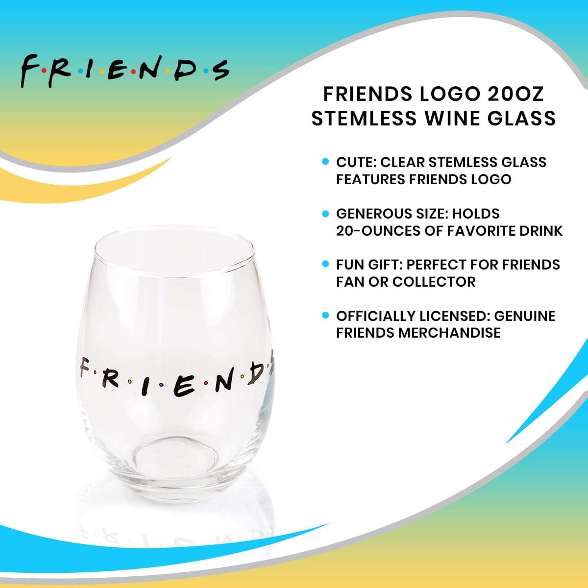 Silver Buffalo Friends Doodle Logo Stemless Wine Glass - 20oz Funny TV Show Inspired Drinking Cup for Parties, Gifts & Home Decor
