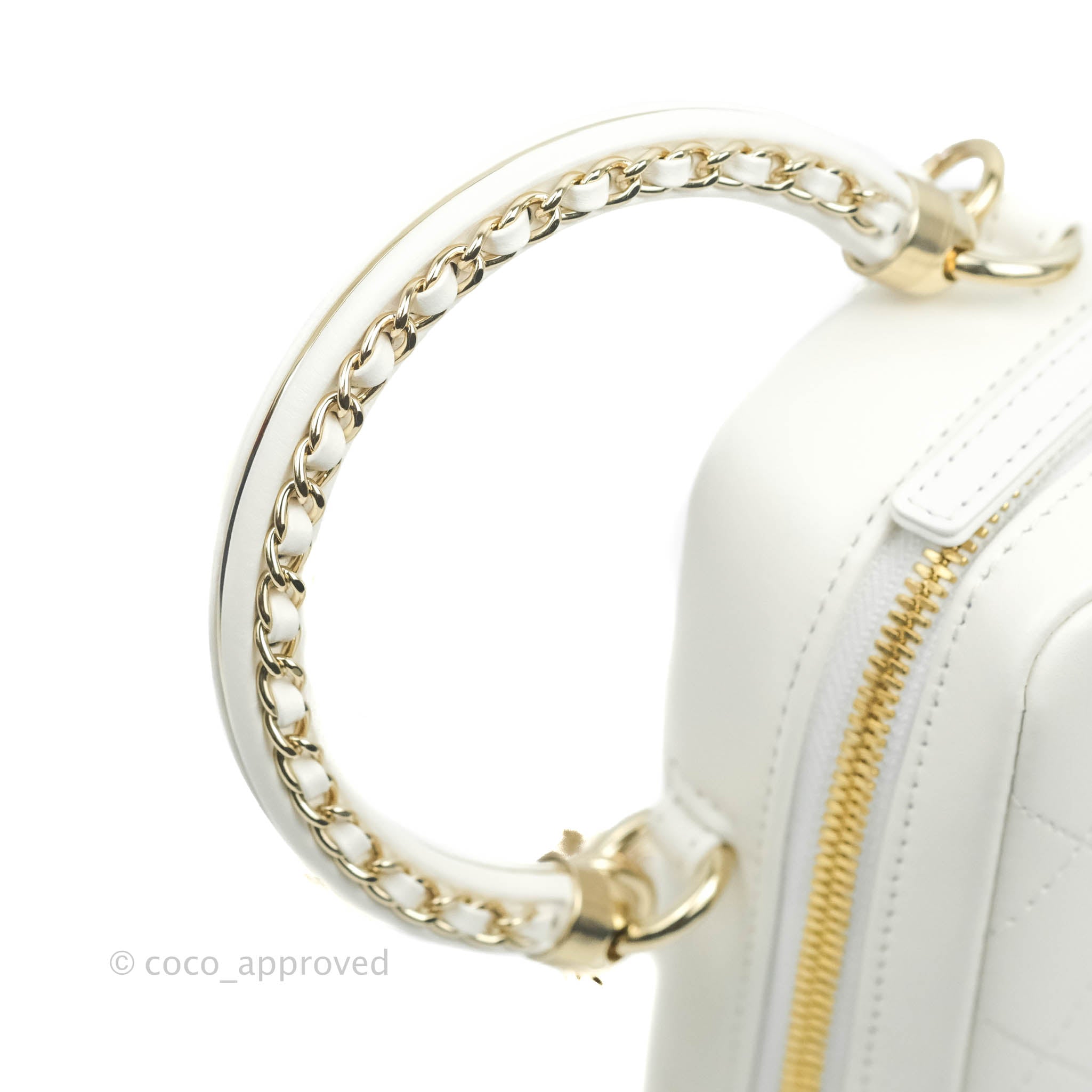 Chanel White Calfskin Circular Handle Zip Around Vanity Case with Gold Hardware - Perfect for Travel, Parties & Everyday Luxury (20S Collection)