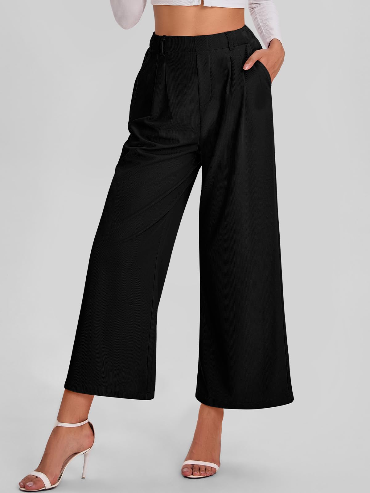 Bloggerlove Women's High Waist Waffle Knit Dress Pants - Business Casual Wide Leg Trousers with Pockets for Office & Fall 2024 | Perfect for Workwear, Business Meetings & Smart Casual Outfits