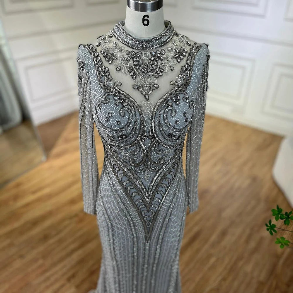 Elegant Dubai Gray Mermaid Evening Dress with Lace & Crystal Beads - Luxury Women's Gown for Wedding, Party & Special Occasions 2025 | LA72516 | Perfect for Prom, Red Carpet & Formal Events