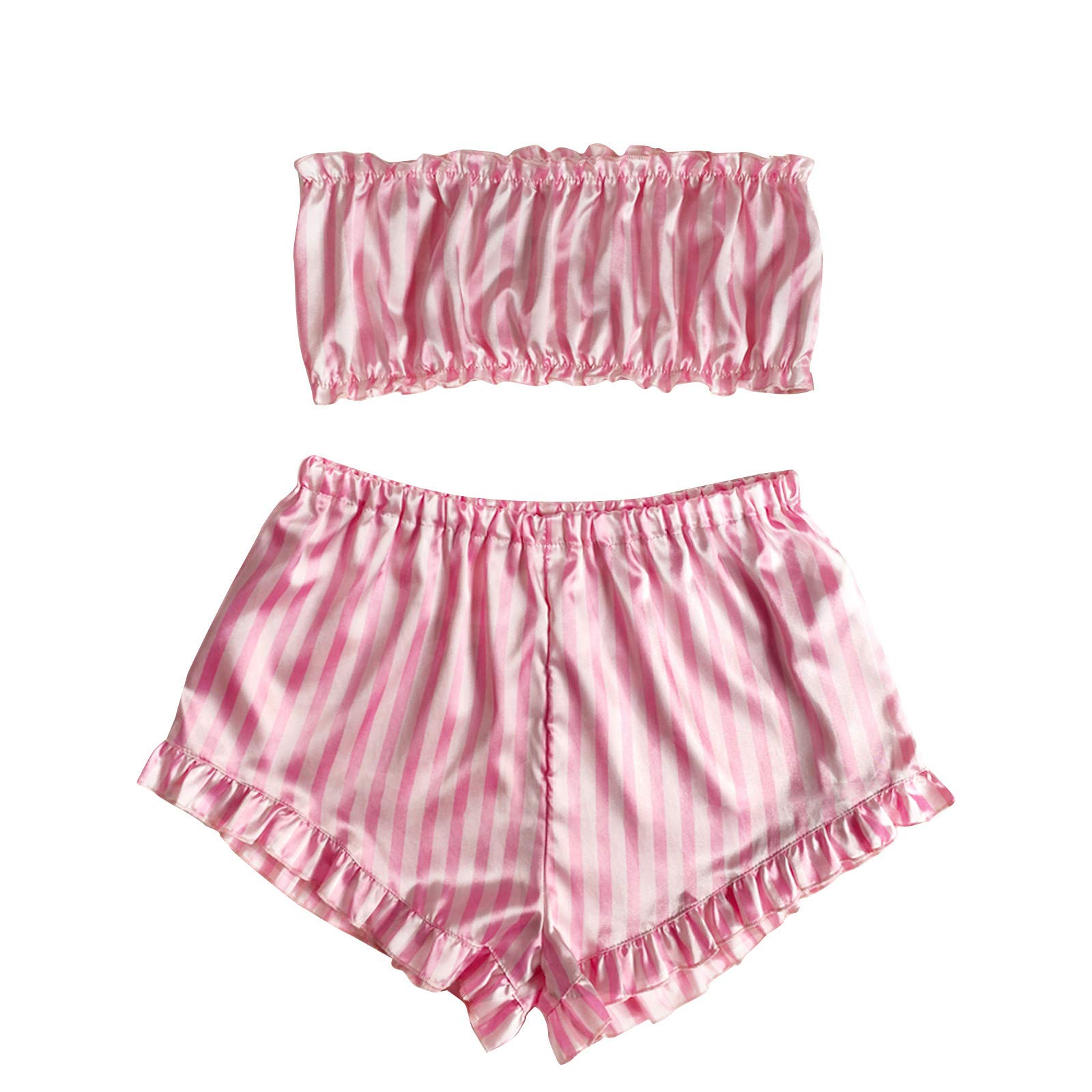 Sexy Pink Striped Tube Top Pajama Set with Garter - Cute & Comfortable Women's Lingerie for Plus Size - Perfect for Valentine's Day, Bedtime & Boudoir Photography