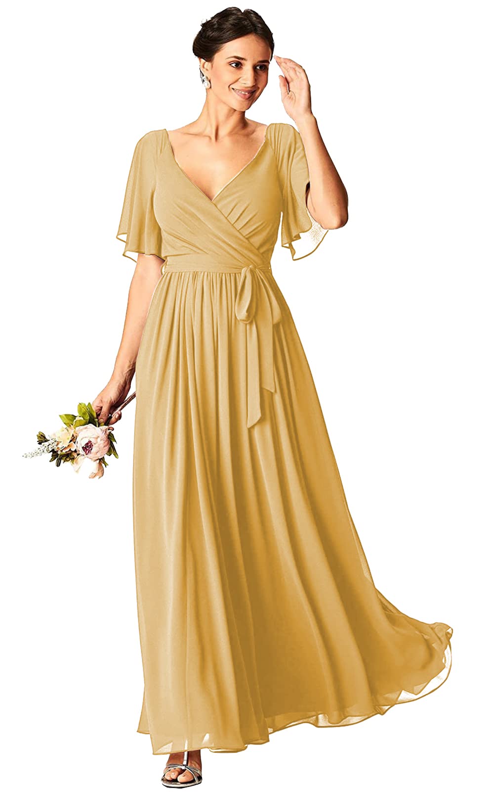 Elegant Women's V-Neck Chiffon A-Line Bridesmaid Dress with Sleeves - Wedding Party, Formal Evening Gown for Special Occasions