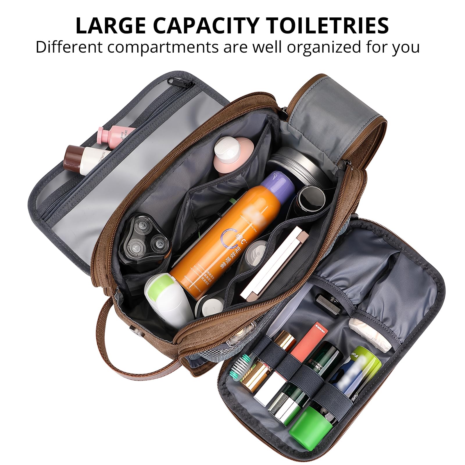 WITZMAN Large Canvas Toiletry Bag for Men - Waterproof Hanging Dopp Kit with Leather Trim, Spacious Travel Bathroom Organizer (Brown A8002) - Perfect for Gym, Camping & Business Trips