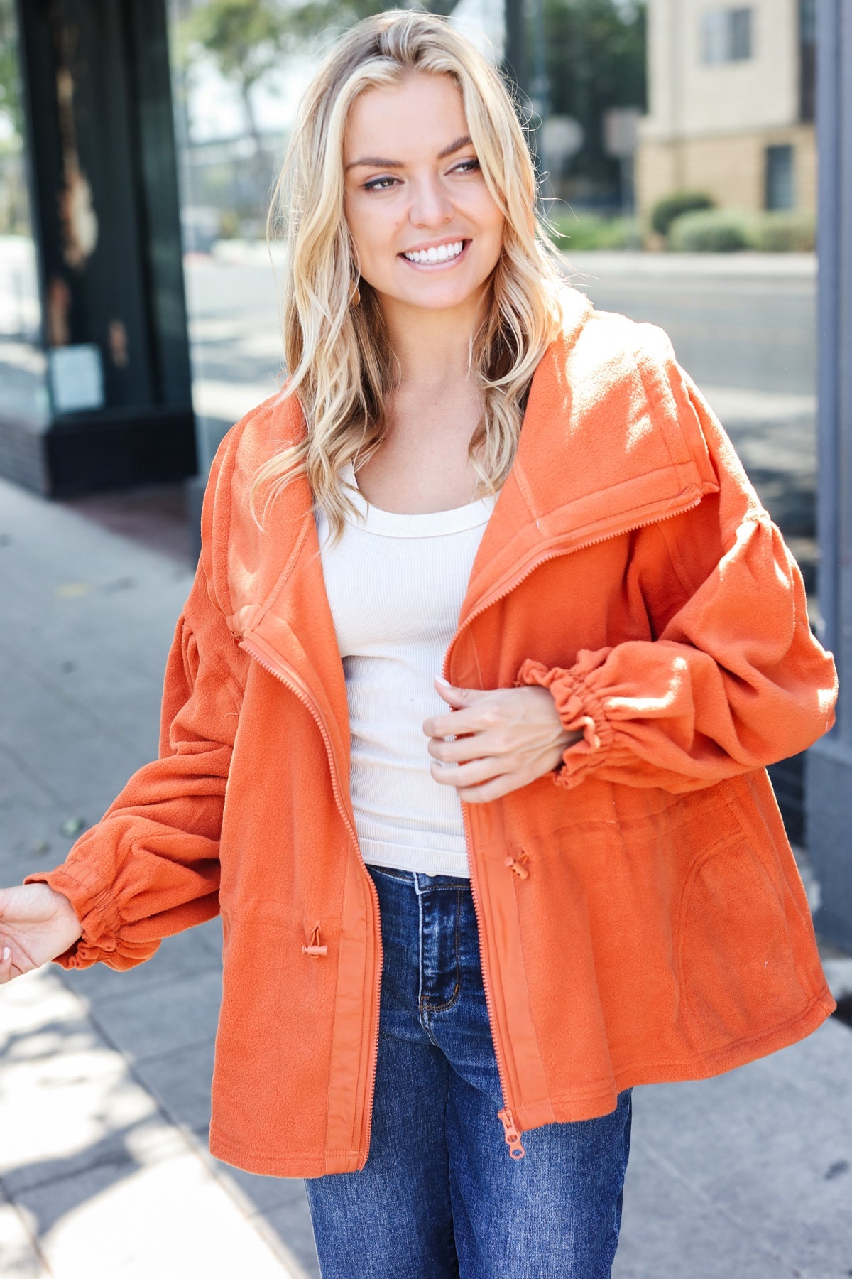 Stylish Rust Cinched Waist Zip-Up Fleece Jacket for Women | Cozy Winter Outerwear | Perfect for Hiking, Camping & Casual Outfits