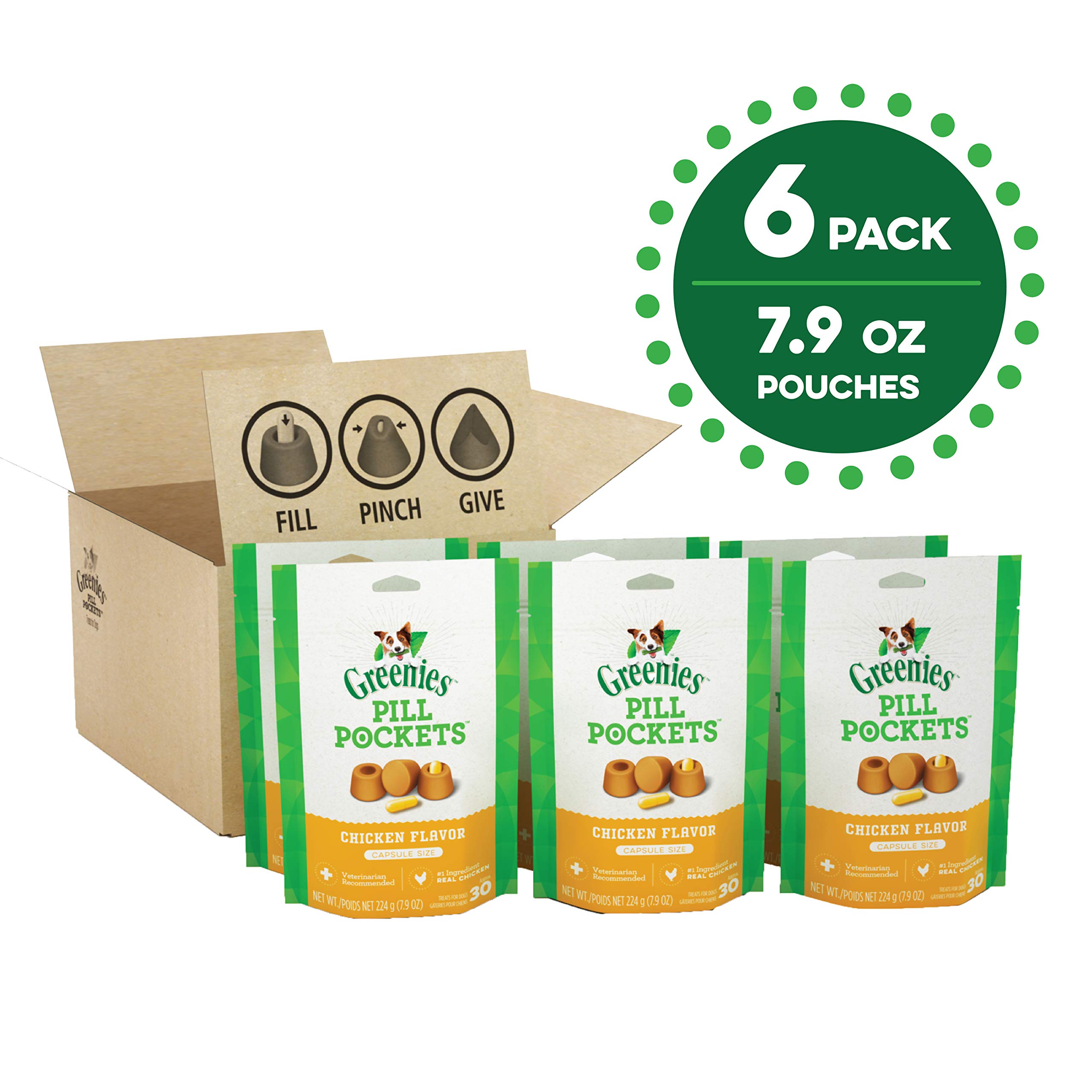 Greenies Pill Pockets for Dogs - Natural Soft Dog Treats with Chicken Flavor, Capsule Size (6 Pack, 180 Treats) | Easy Medication for Picky Eaters & Senior Dogs