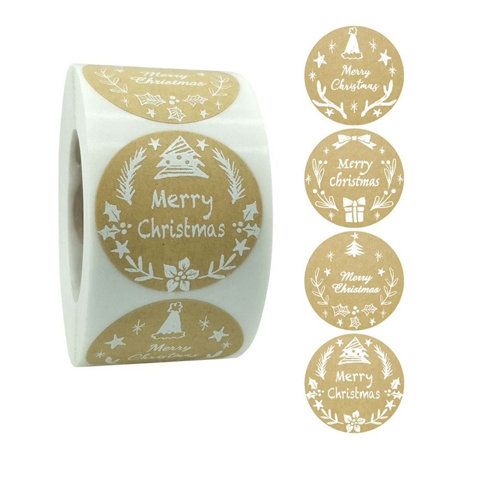 500pcs Christmas Stickers Roll - 3 Rolls Kraft Paper Merry Xmas Labels, 1.5'' Round Adhesive for Gift Wrapping, Box & Bag Decor (3.8cm, 500Pcs) - Perfect for Holiday Packaging, DIY Crafts & Party Favors