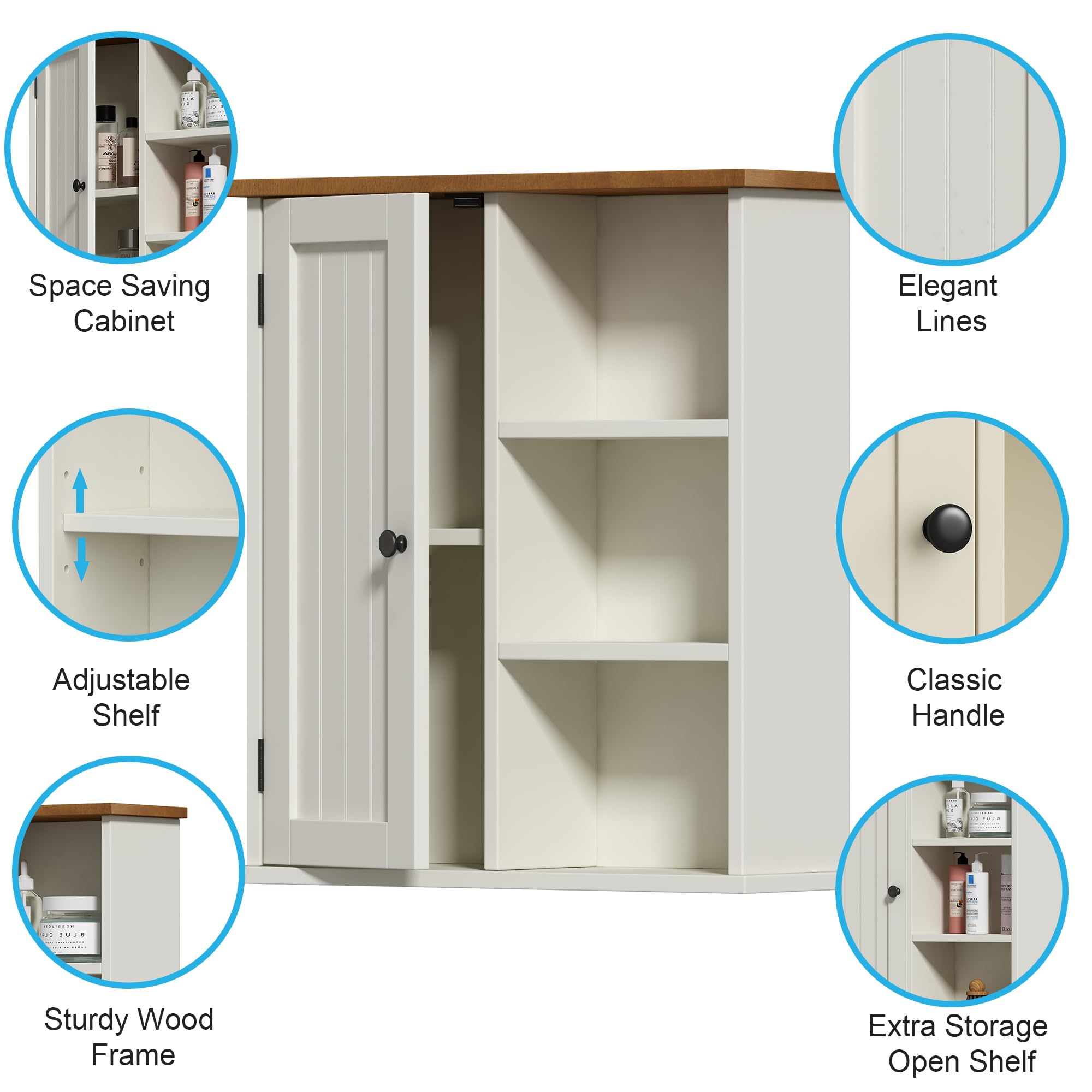 Treocho Wall Mounted Bathroom Cabinet with Door & 3 Open Shelves - Medicine Storage Organizer for Bathroom, Kitchen, Living Room & Farmhouse Decor | Perfect for Small Space Organization & Rustic Home Decor