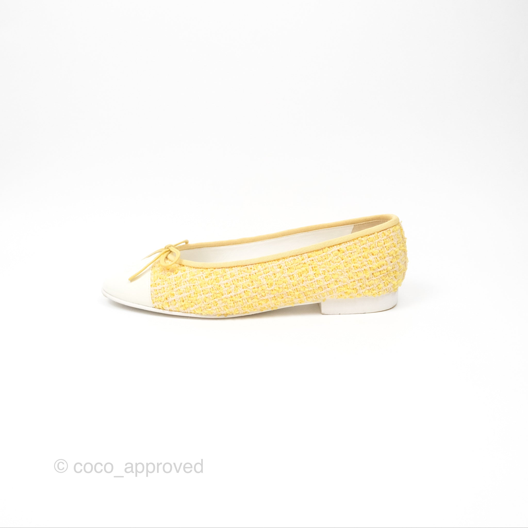 Chanel Ballerina Flats in Yellow Tweed with White Accents - Women's Size 37 (US 7) | Classic Comfortable Ballet Shoes for Work, Date Night & Casual Outings
