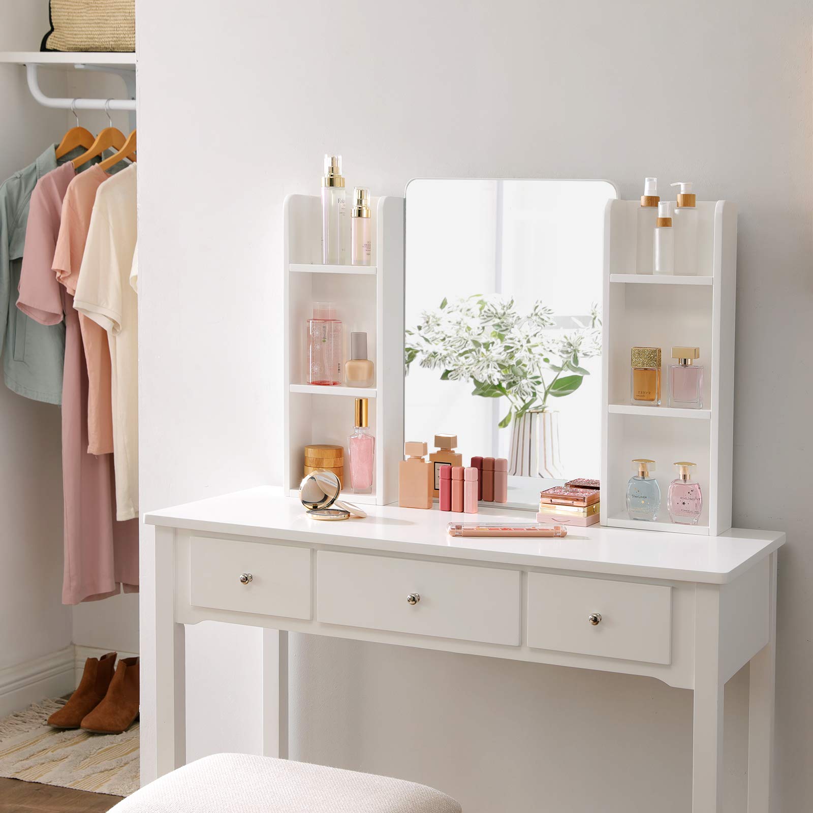 VASAGLE White Vanity Set with Mirror & Cushioned Stool - 38.6
