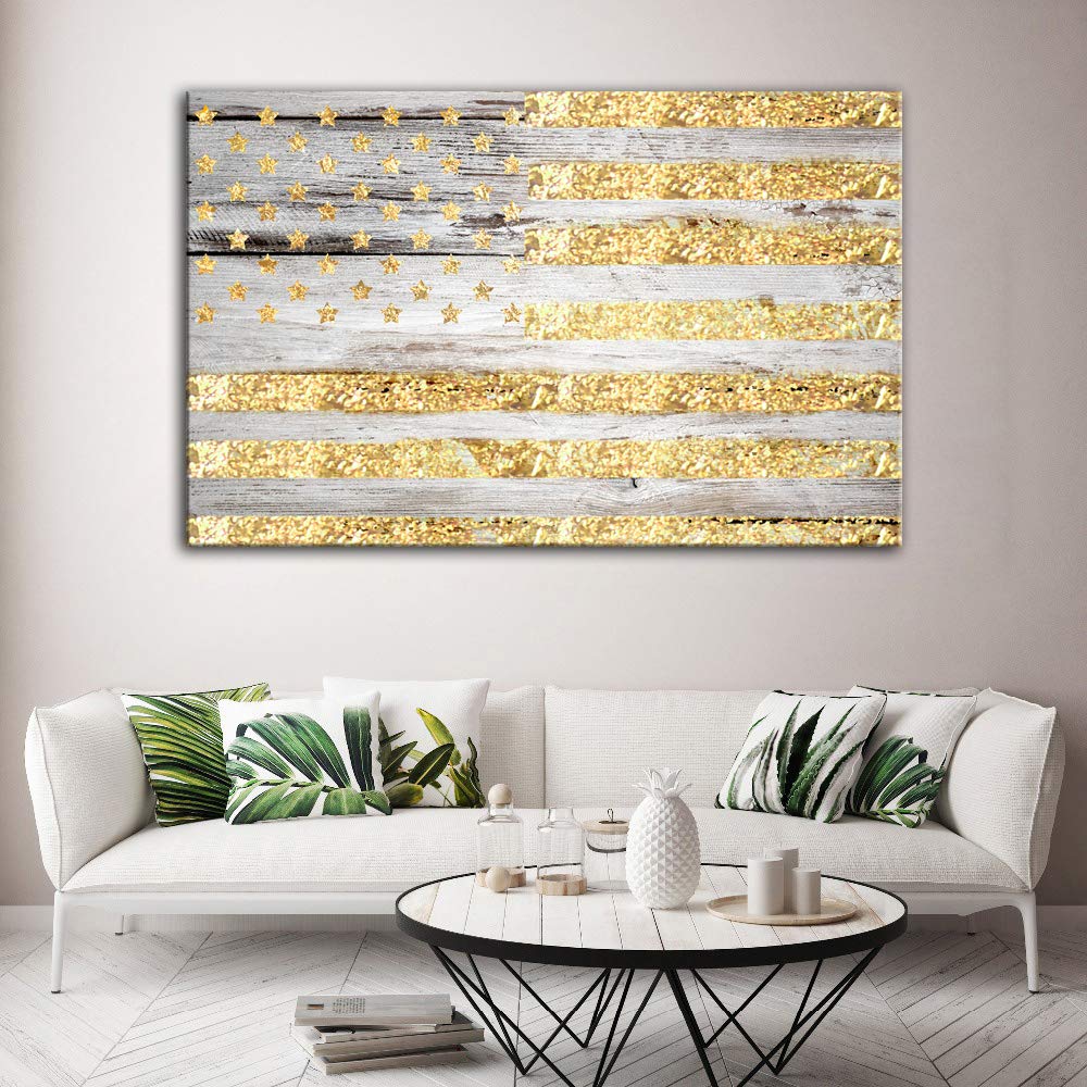AMEMNY Wooden Gold American Flag Canvas Art - Framed Wall Decor Painting, Ready to Hang | Patriotic Home Office & Living Room Decor