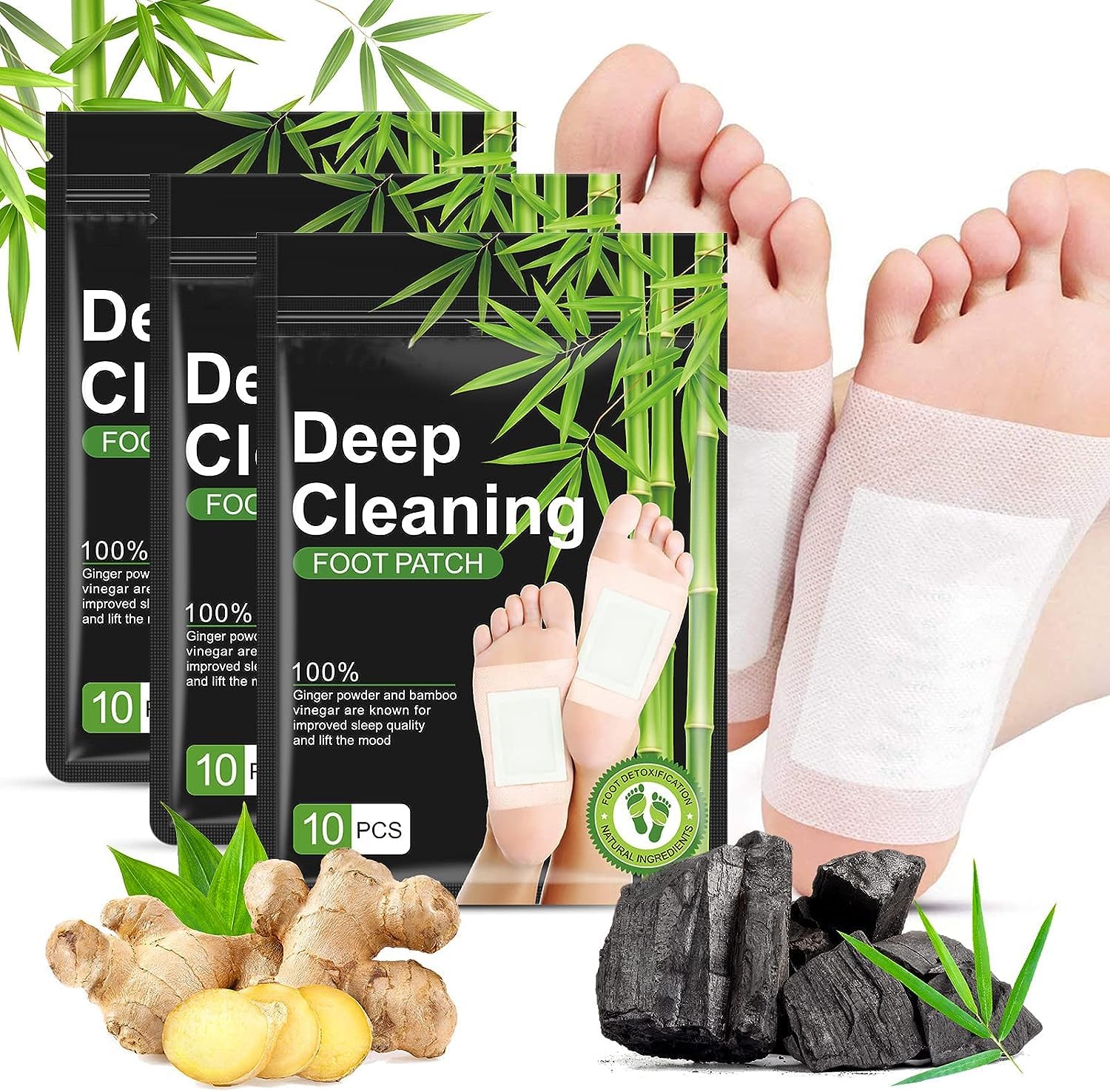 QERINKLE Deep Cleansing Foot Patch - 30 Pack Natural Bamboo Vinegar & Ginger Powder Foot Pads for Relaxation, Pain Relief & Detox | Adhesive Foot Care Sheets for Spa, Home Use & Travel