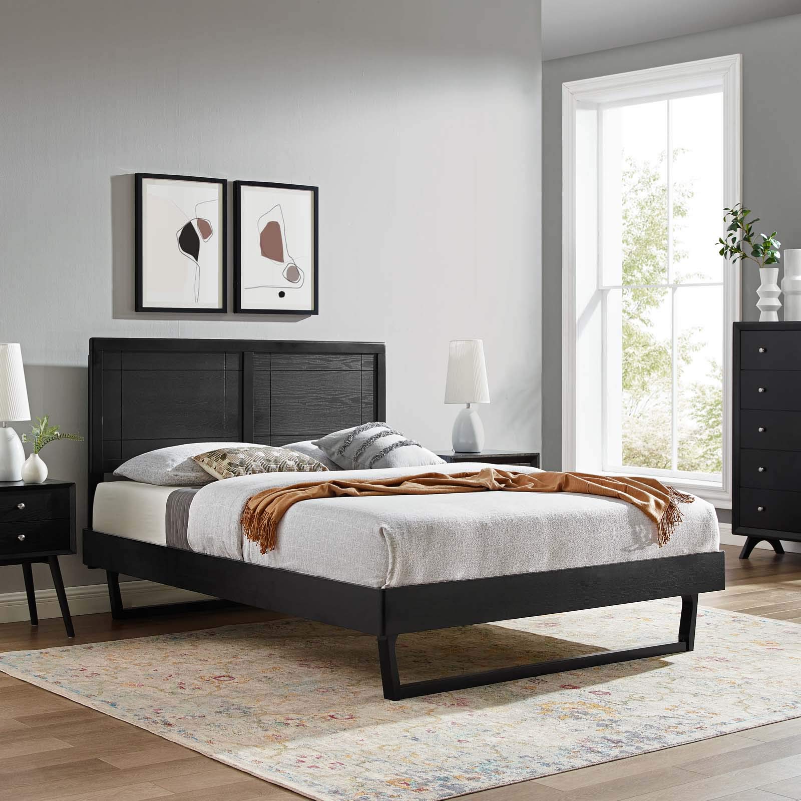 Modway MOD-6625-BLK Marlee Full Size Wood Platform Bed Frame with Angular Design, Black - Modern Bedroom Furniture for Small Spaces & Guest Rooms