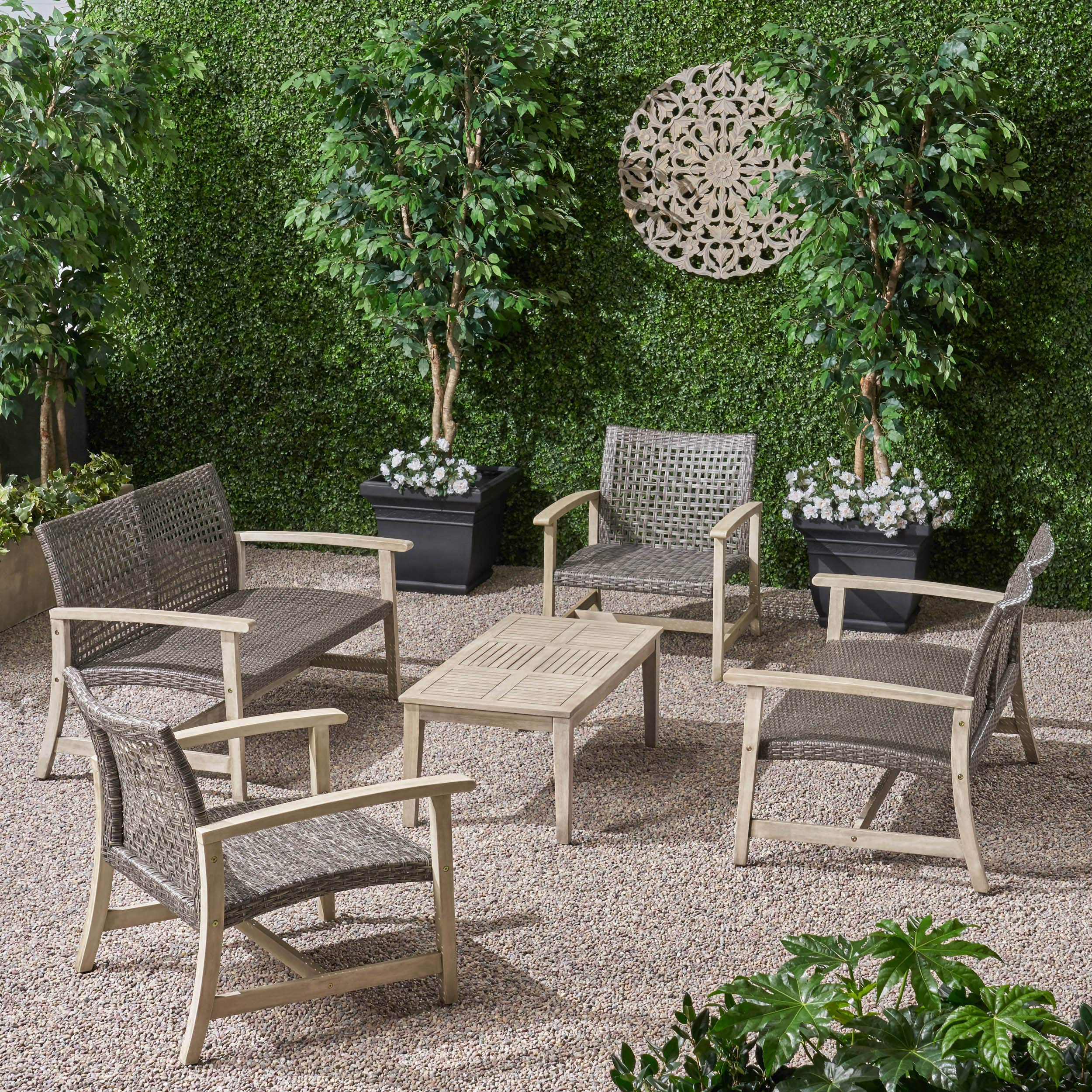 GDFStudio 5-Piece Outdoor Wood and Wicker Loveseat Chat Set in Black - Patio Furniture for Garden, Deck, and Backyard Relaxation