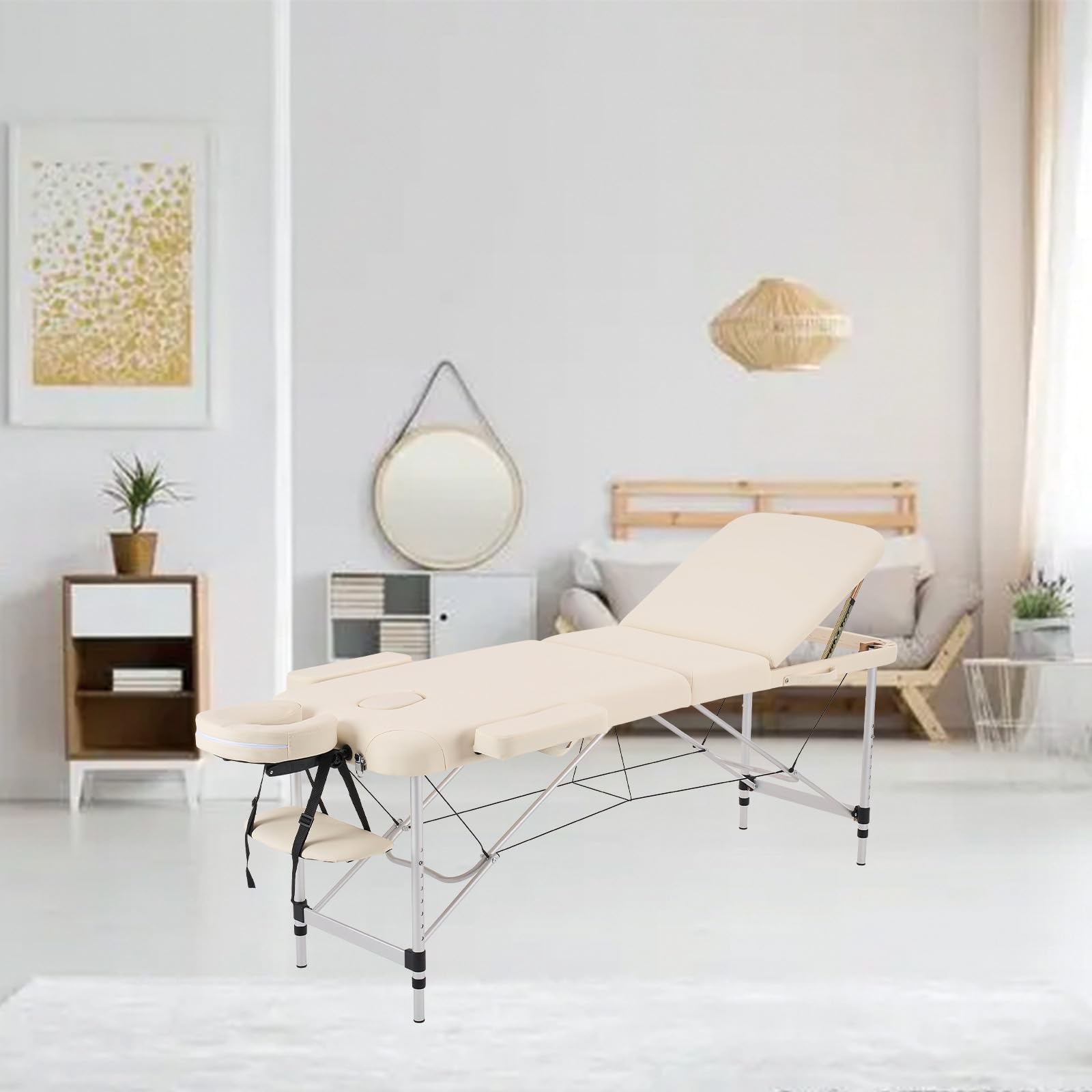 YOUNIKE Professional Portable Massage Table - Aluminum Alloy 3-Fold Design with Backrest, Lightweight & Height Adjustable - Perfect for Lash Extensions, Facial Spa, Beauty Salon, Tattoo Parlor & Home Use - Includes Full Accessories - White