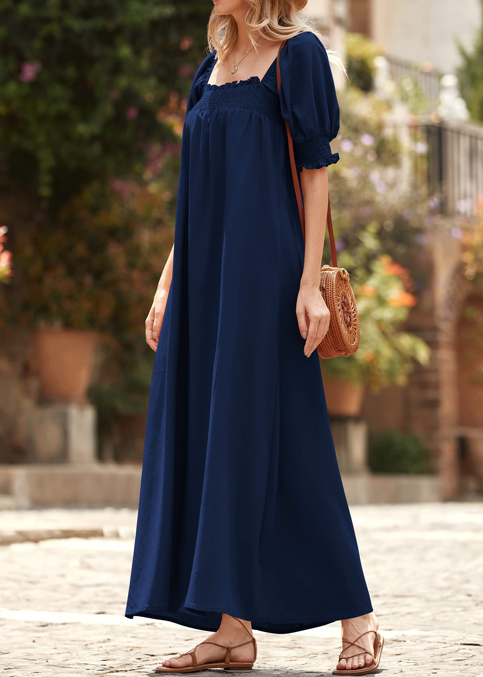KIRUNDO Women's 2025 Summer Maxi Dress - Casual Loose Puff Sleeve Square Neck Maternity Beach Dress with Pockets | Flowy Long Dress for Vacation, Pregnancy, and Outdoor Activities