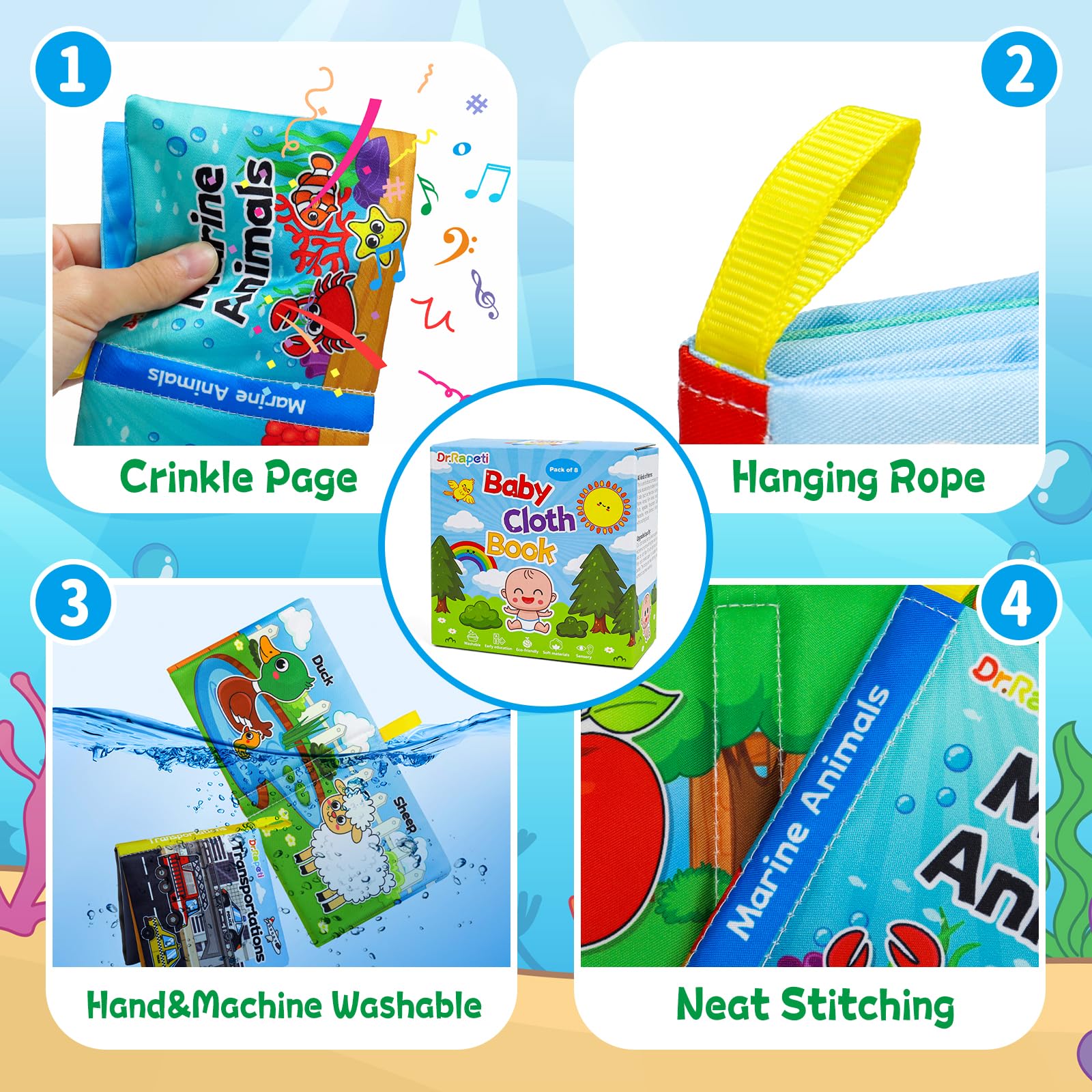 Dr.Rapeti Soft Cloth Baby Books - 8-Pack Crinkle Washable Bath Books for Infants & Toddlers | Early Educational Learning Toys | Perfect Gift for Newborns, Baby Showers & Preschool Learning