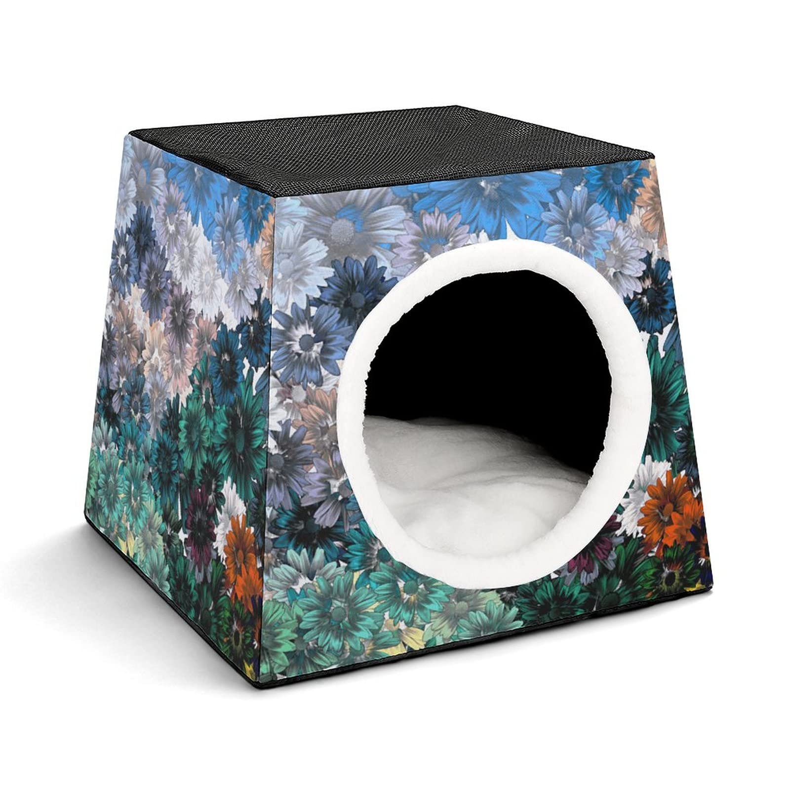 Cozy Indoor Cat House Bed & Sofa - Printed Cat Cube with Soft Pillow for Kittens & Small Dogs - Oil Painting Floral Design - Perfect for Pet Lounging & Home Decor