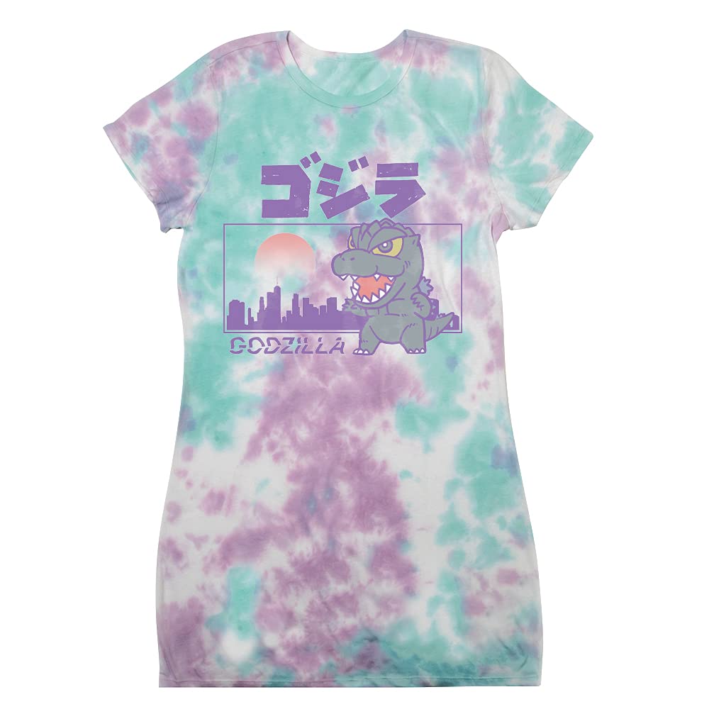 Godzilla Monster Movie Graphic Print Tie Dye T-Shirt Dress for Women | Vintage Retro Pop Culture Tee | Perfect for Cosplay, Comic Con & Casual Wear