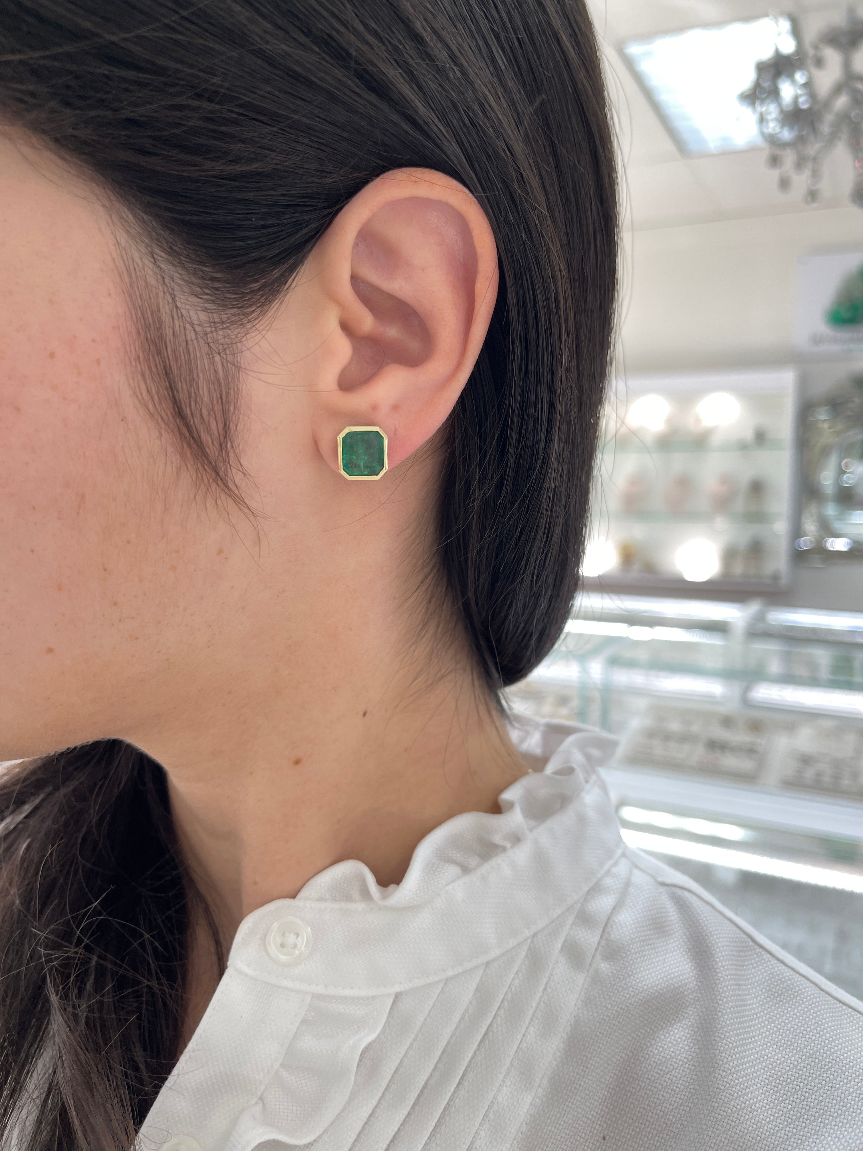 5.60tcw Classic Asscher Cut Emerald Bezel Stud Earrings in 18K Gold - Elegant Jewelry for Weddings, Parties & Special Occasions