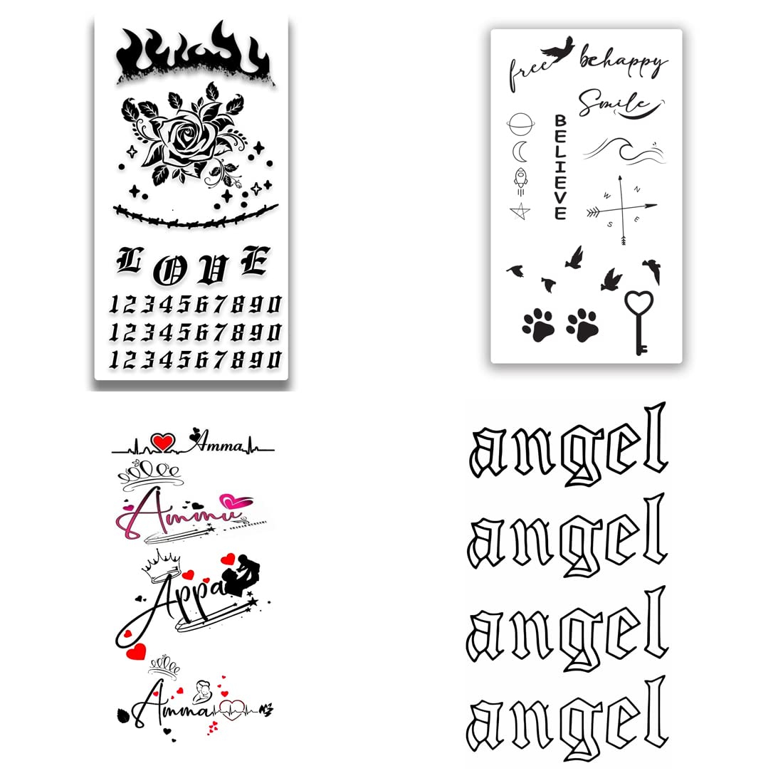 4-Pack Temporary Tattoo Stickers - Heart & Love Line Art Designs for Men & Women (2x4 Inch) | Waterproof Body Art for Parties, Festivals & Self-Expression